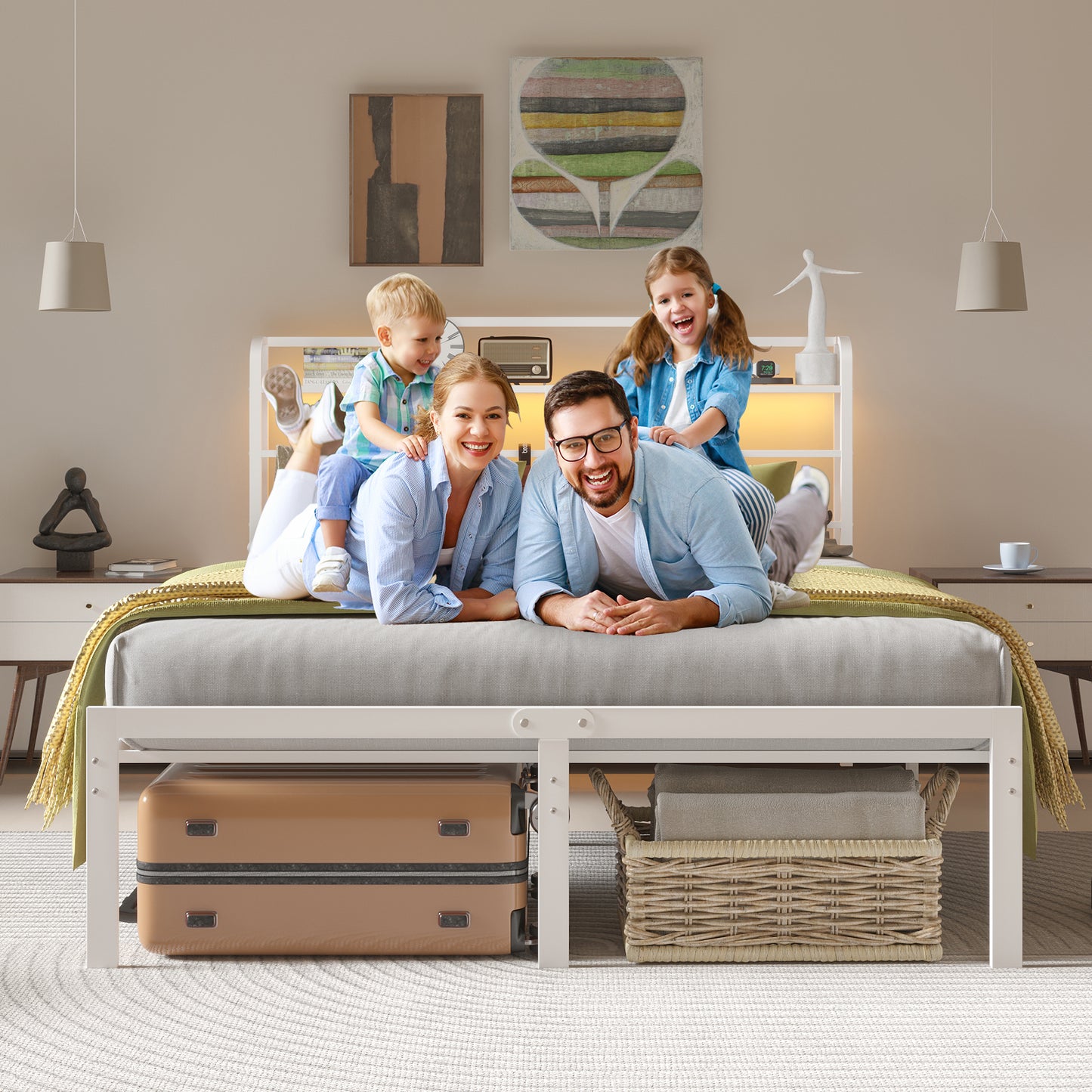 NISIEN Bed Frame with LED Storage Headboard & Charging Station, Metal Platform Bed, White