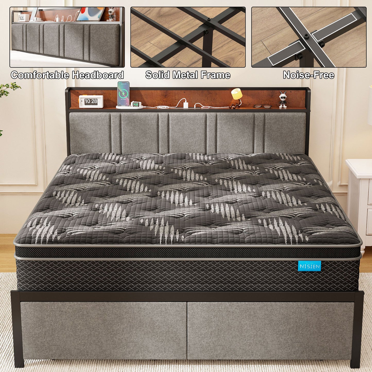 NISIEN Queen Bed Frame with 2 Storage Drawers , Platform Bed Frame Queen Size with Storage Headboard and Charging Station, No Box Spring Needed, Grey