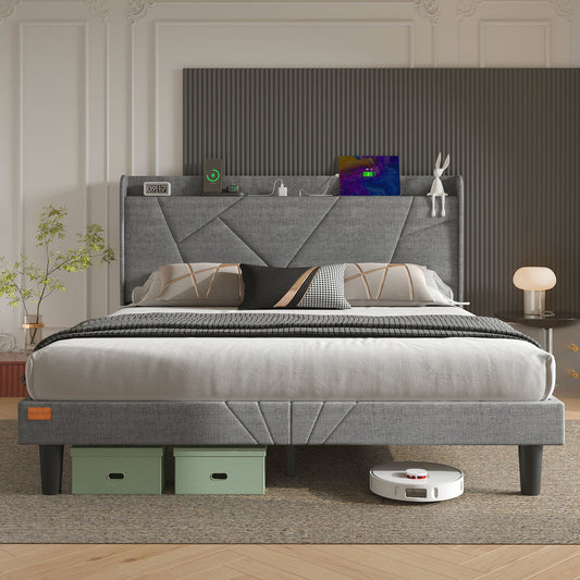 NISIEN Bed Frame with Charging Station, Upholstered Platform Bed with Wingback Storage Headboard, Light Gray