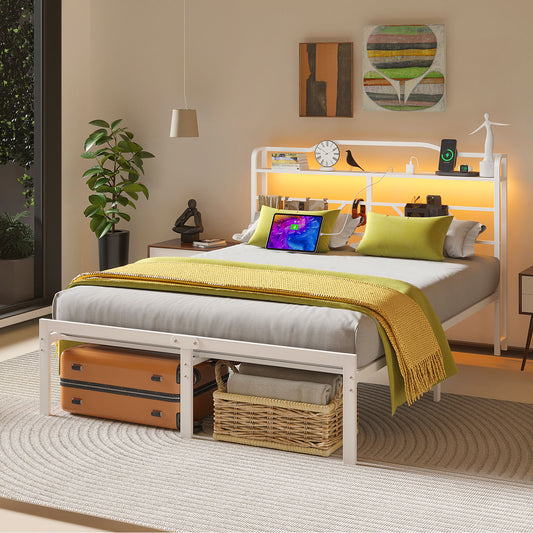 NISIEN Bed Frame with LED Storage Headboard & Charging Station, Metal Platform Bed, White