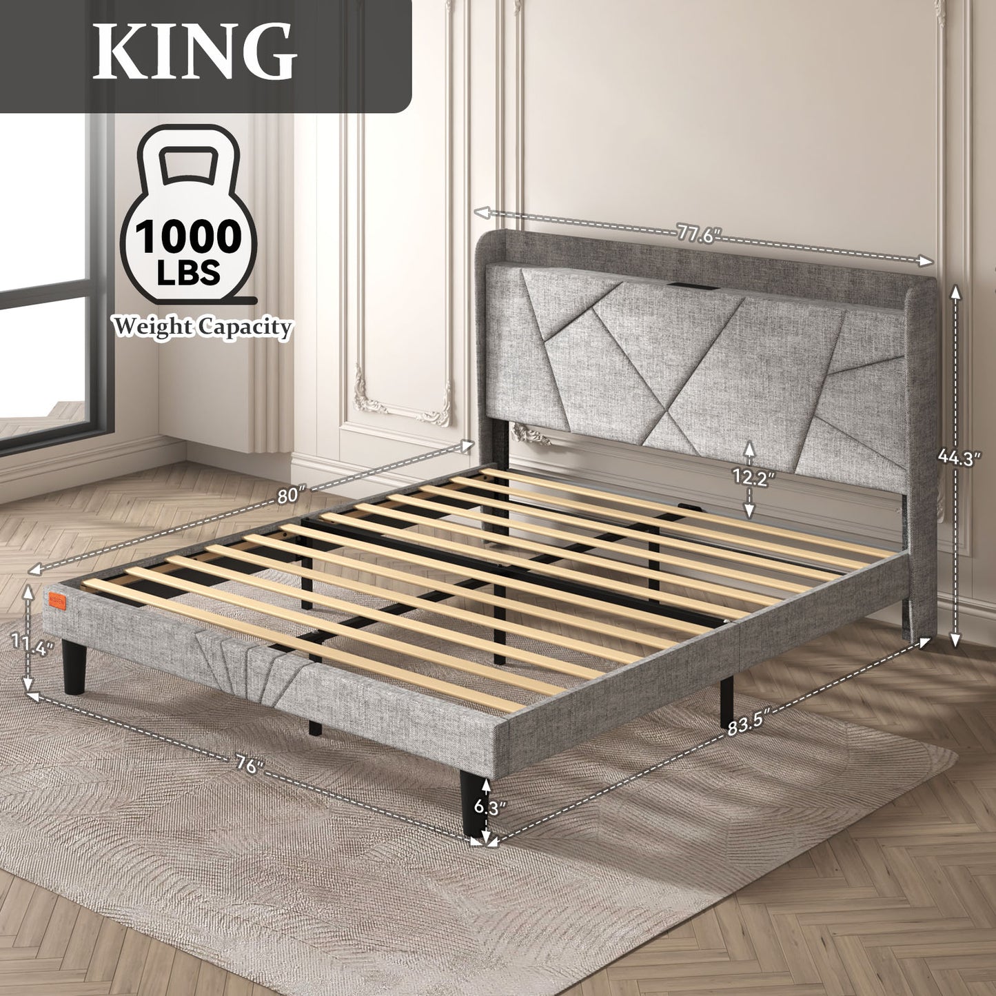 NISIEN Bed Frame with Charging Station, Upholstered Platform Bed with Wingback Storage Headboard, Light Gray