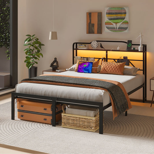 NISIEN Bed Frame with LED Storage Headboard & Charging Station, Metal Platform Bed, Black