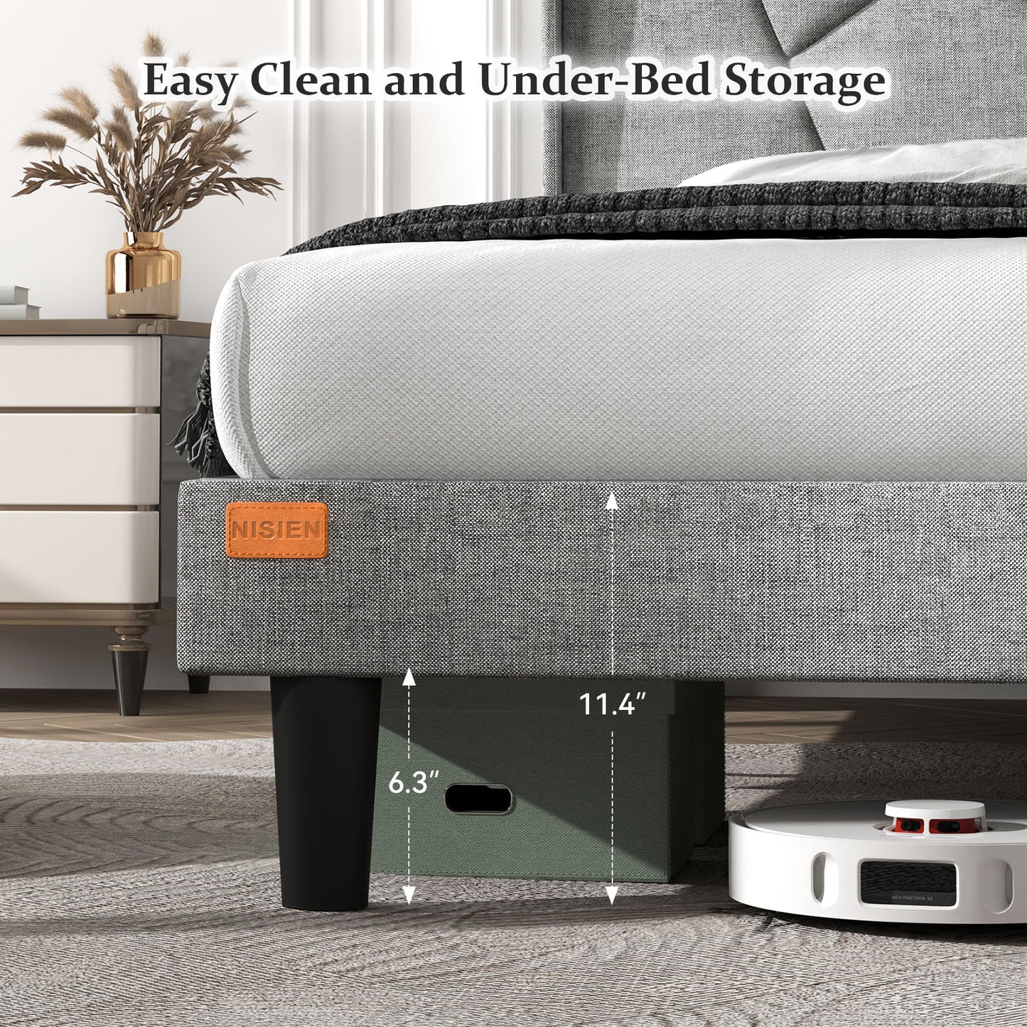 NISIEN Bed Frame with Charging Station, Upholstered Platform Bed with Wingback Storage Headboard, Light Gray
