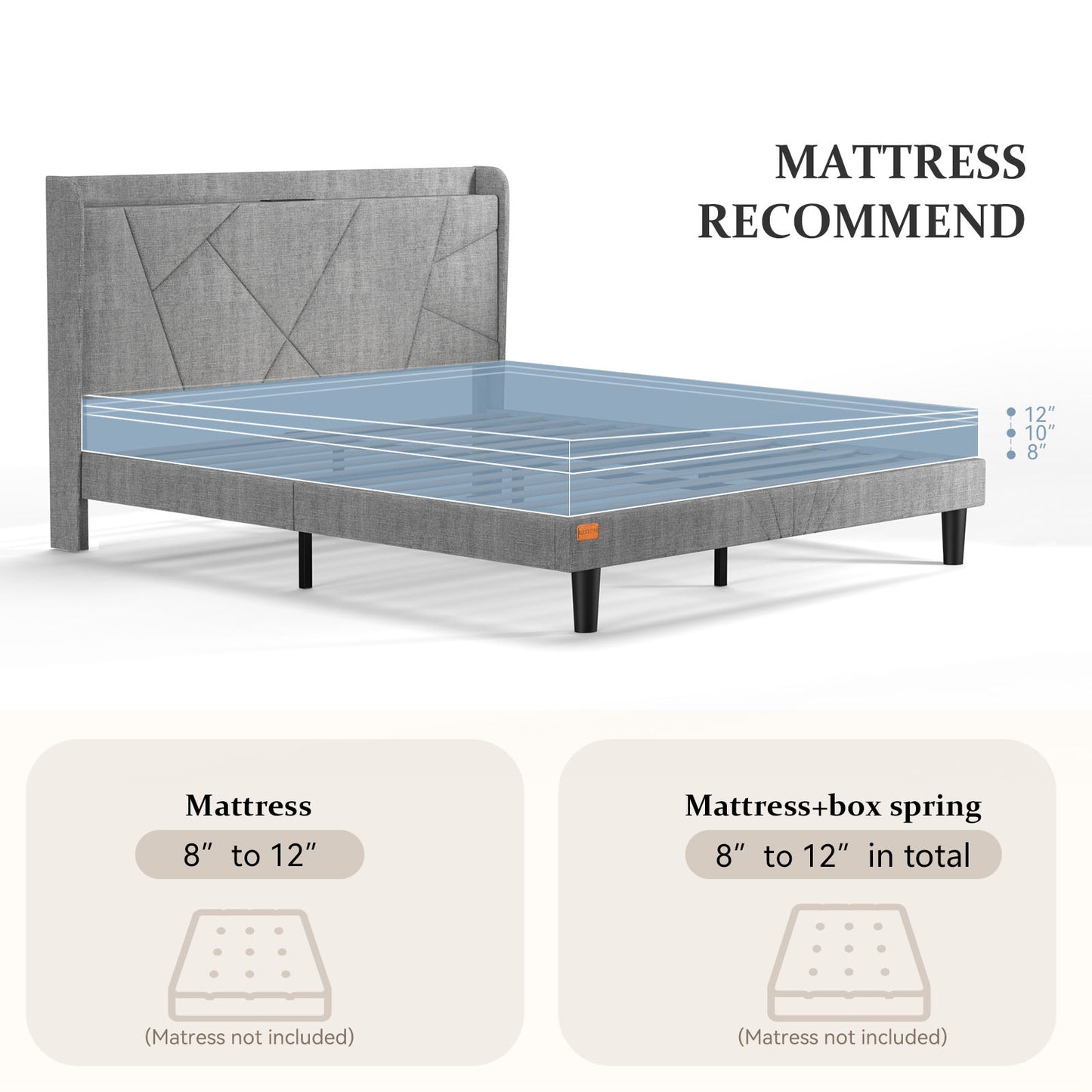 NISIEN Bed Frame with Charging Station, Upholstered Platform Bed with Wingback Storage Headboard, Light Gray