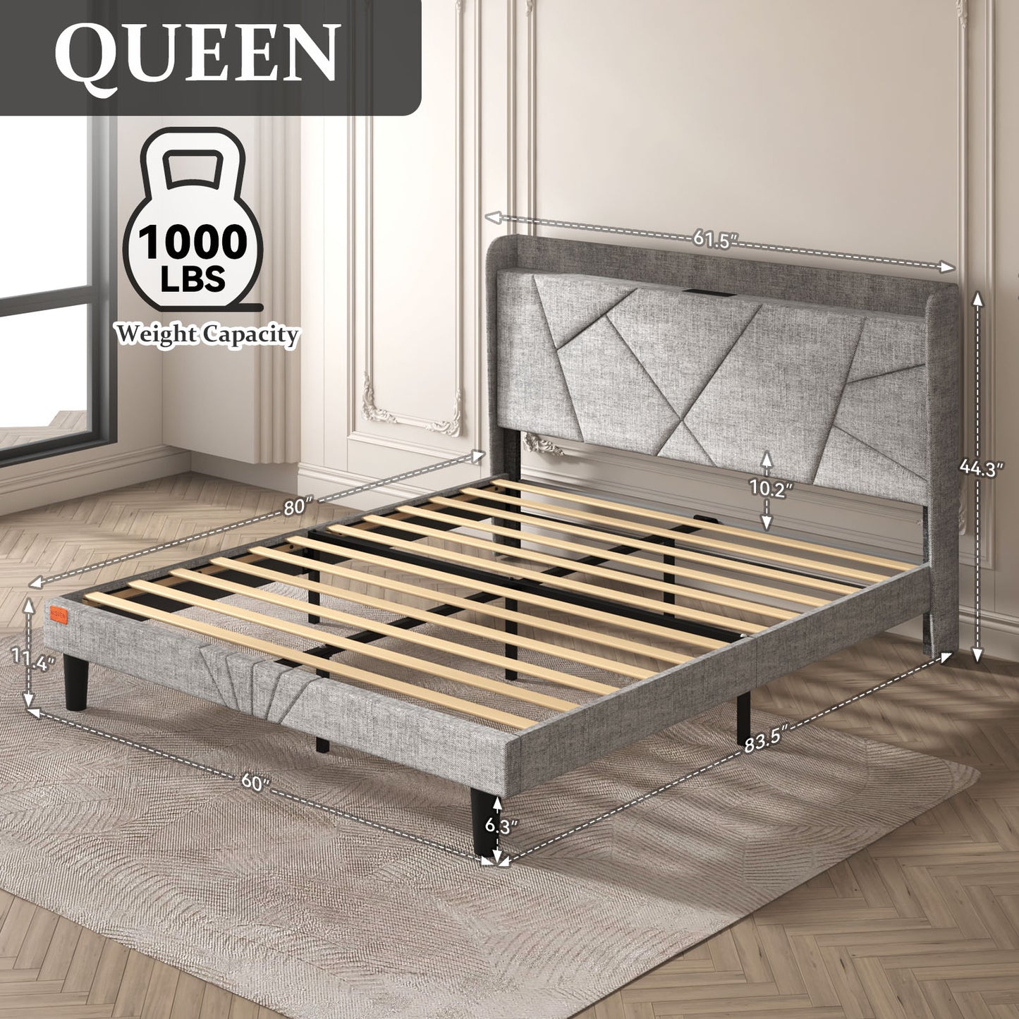 NISIEN Bed Frame with Charging Station, Upholstered Platform Bed with Wingback Storage Headboard, Light Gray