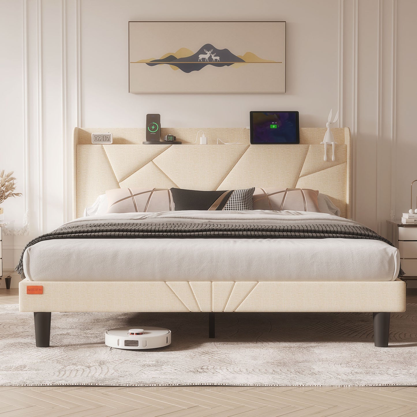 NISIEN Bed Frame with Charging Station, Upholstered Platform Bed Frame with Wingback Storage Headboard, No Box Spring Needed, Noise-Free Dark Grey
