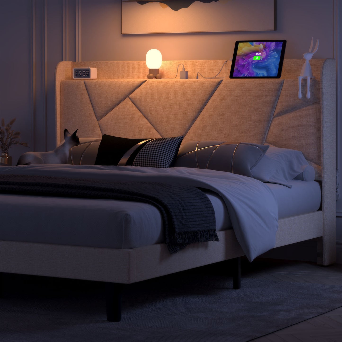 NISIEN Bed Frame with Charging Station, Upholstered Platform Bed Frame with Wingback Storage Headboard, No Box Spring Needed, Beige