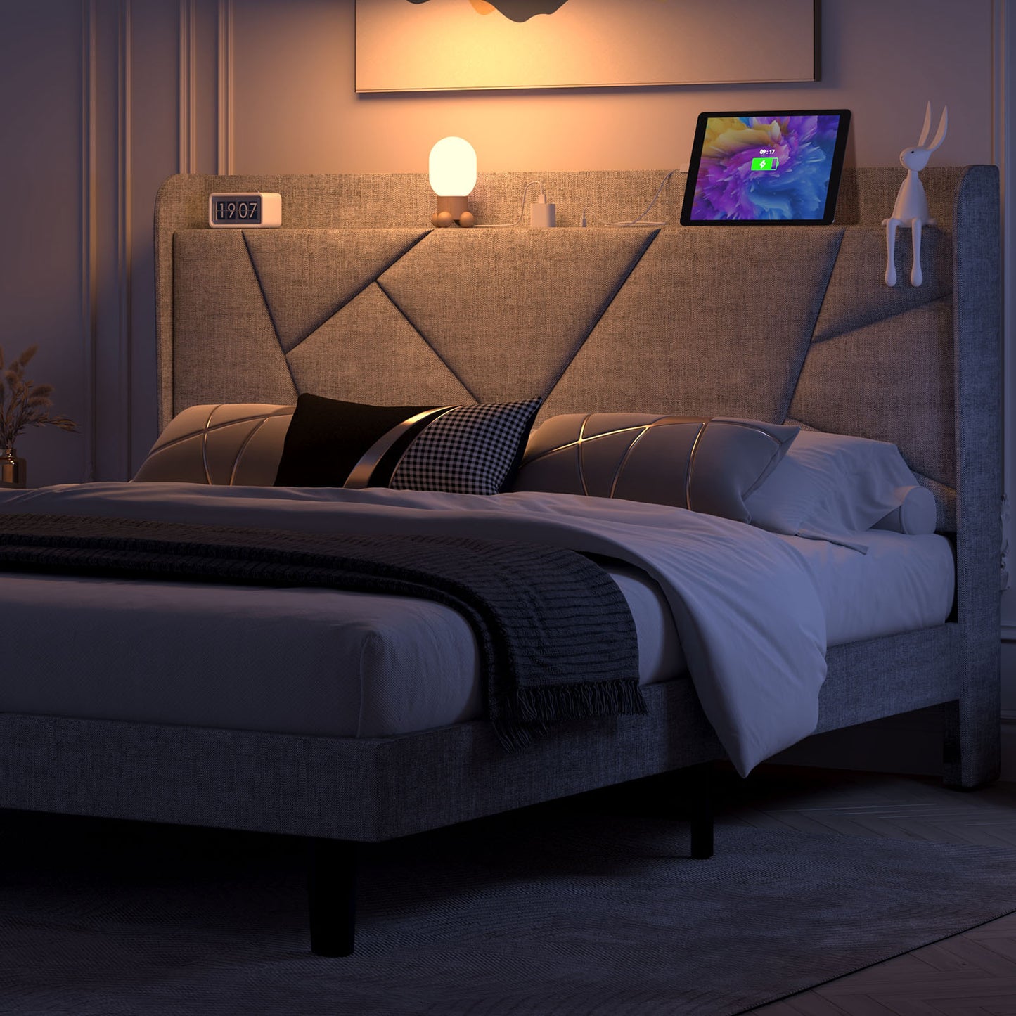 NISIEN Bed Frame with Charging Station, Upholstered Platform Bed with Wingback Storage Headboard, Light Gray