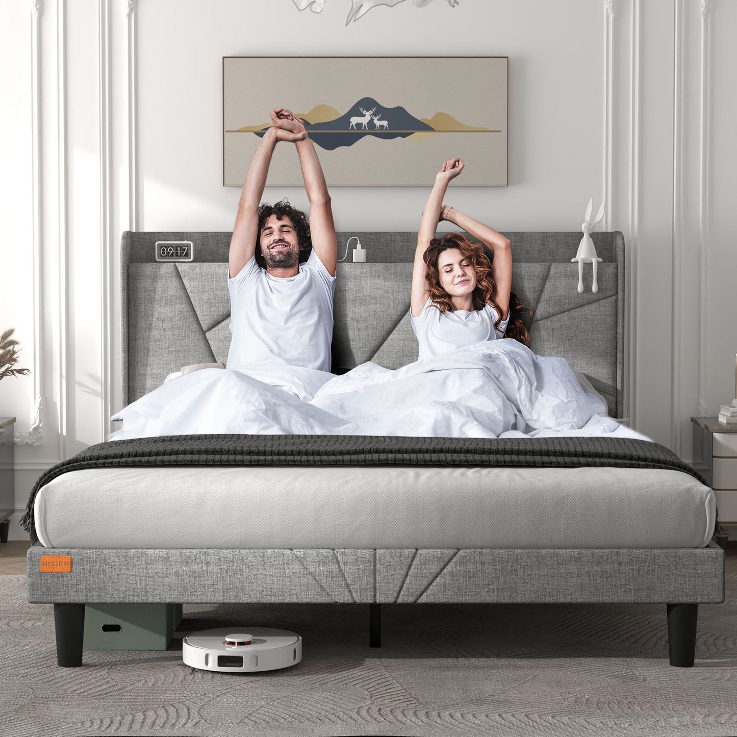 NISIEN Bed Frame with Charging Station, Upholstered Platform Bed with Wingback Storage Headboard, Light Gray