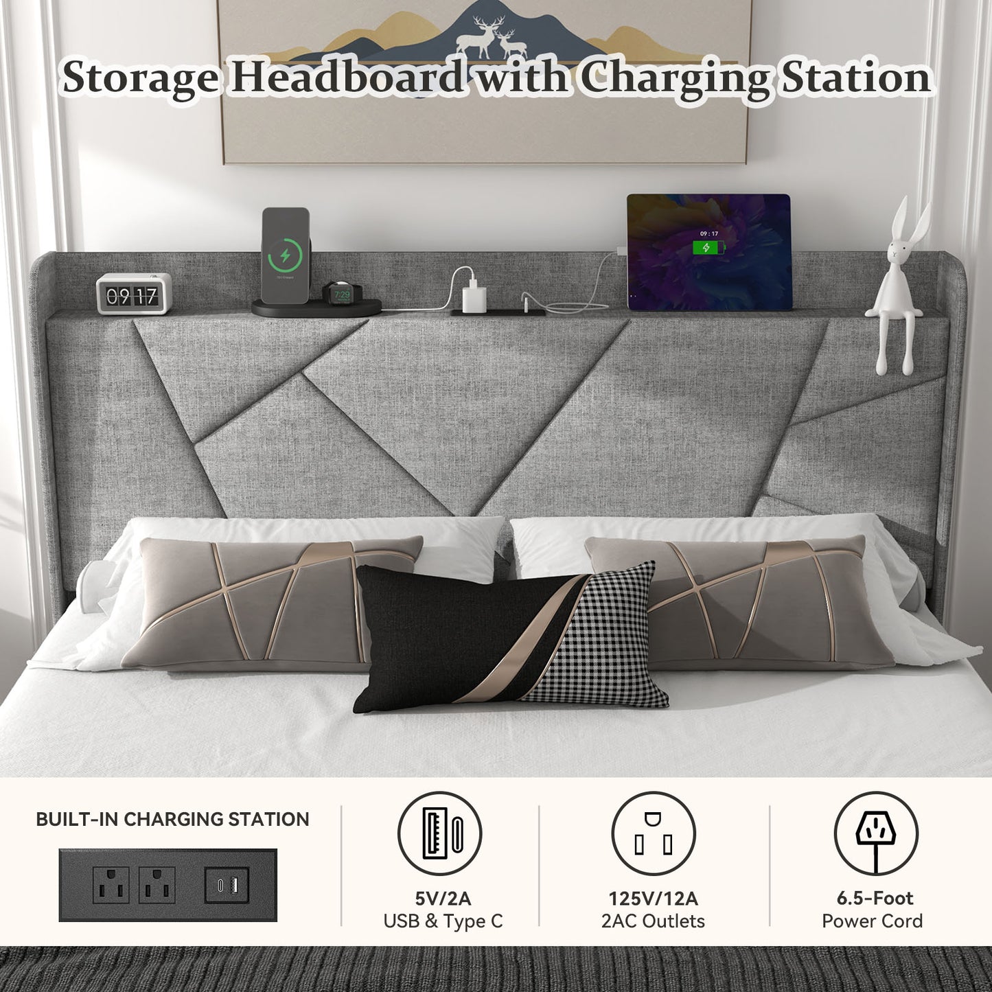 NISIEN Bed Frame with Charging Station, Upholstered Platform Bed with Wingback Storage Headboard, Light Gray
