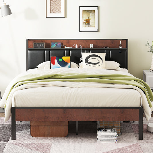 NISIEN Bed Frame, Platform Bed Full with Charging Station and Storage, PU Leather Upholstered Headboard, Black