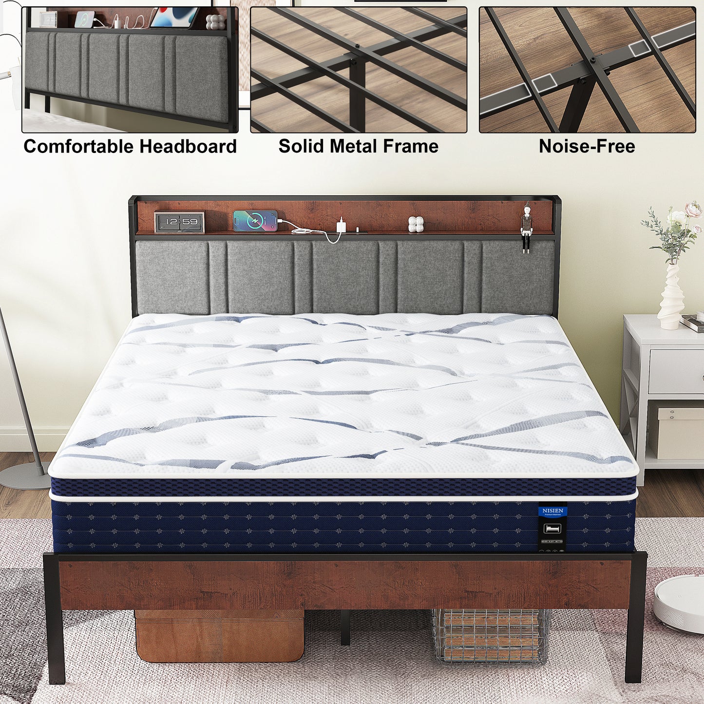 NISIEN Queen Bed Frame, Platform Bed Frame with Storage Headboard and Charging Station, No Box Spring Needed, Grey