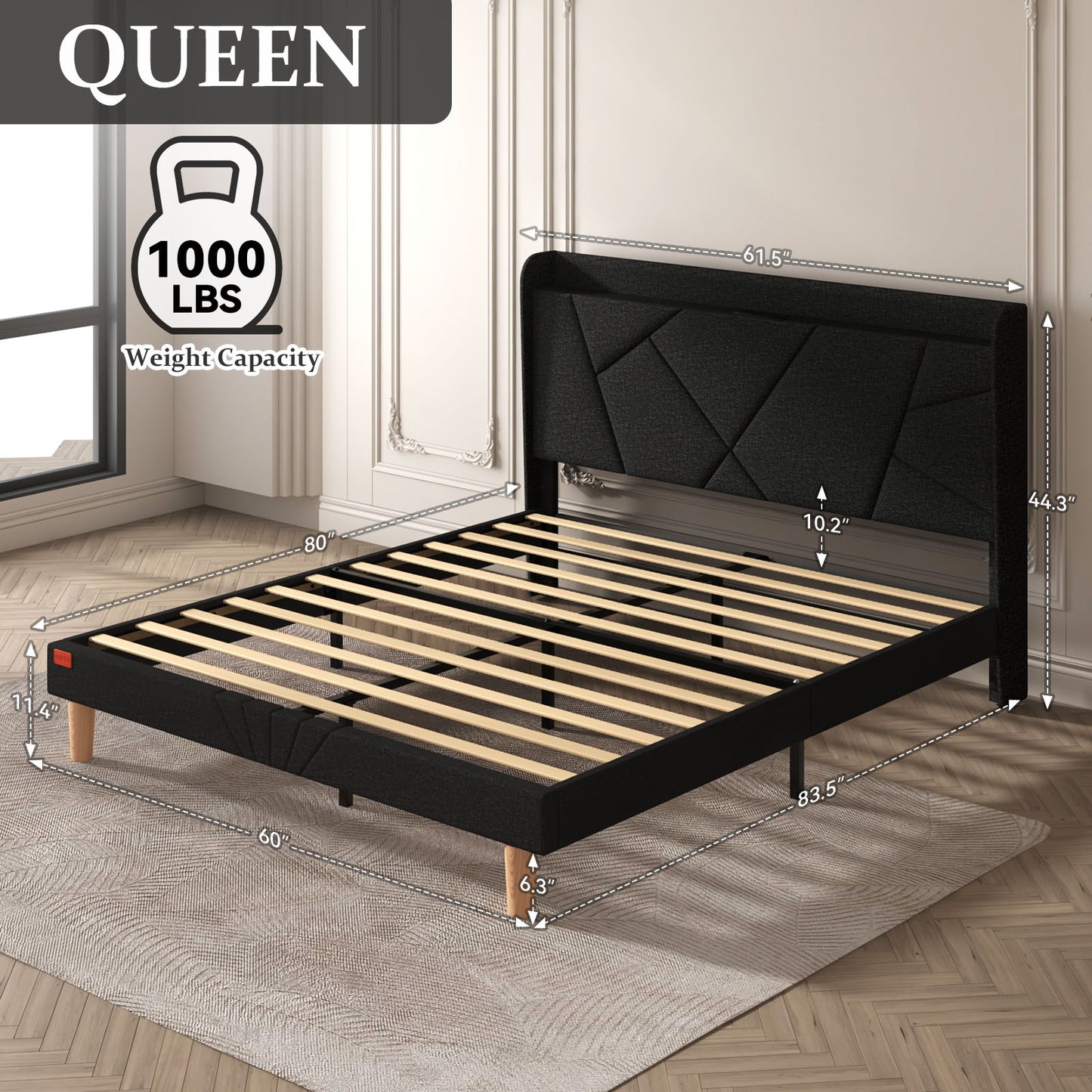 NISIEN Bed Frame with Charging Station, Upholstered Platform Bed with Wingback Storage Headboard, Black