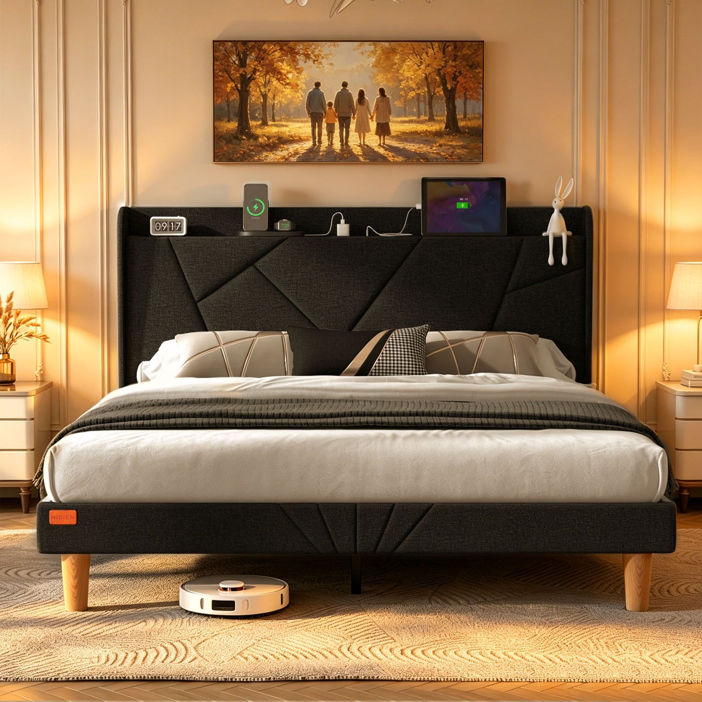 NISIEN Bed Frame with Charging Station, Upholstered Platform Bed with Wingback Storage Headboard, Black