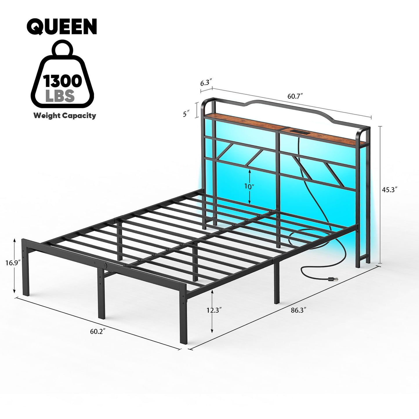 NISIEN Bed Frame with LED Storage Headboard & Charging Station, Metal Platform Bed, Black