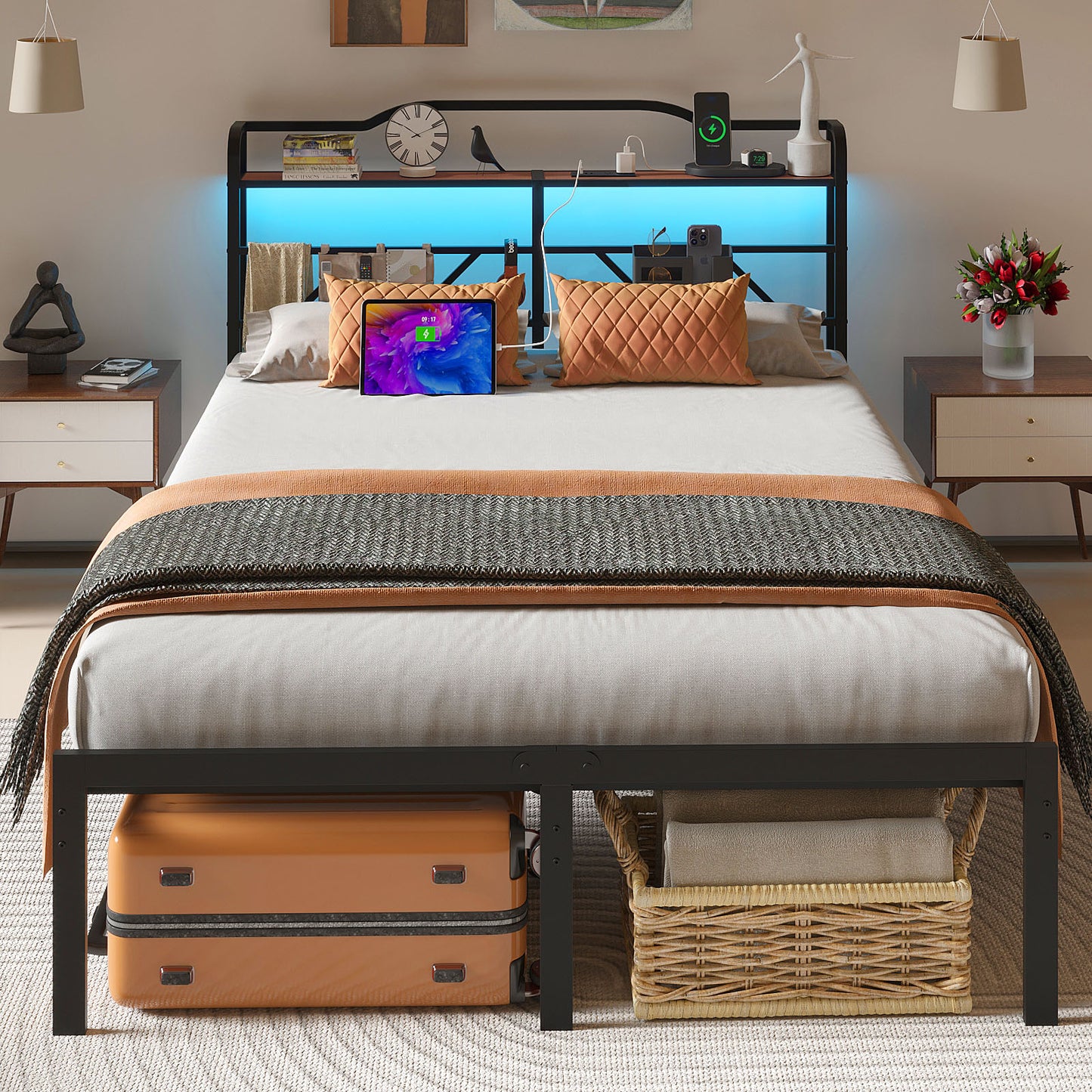 NISIEN Bed Frame with LED Storage Headboard & Charging Station, Metal Platform Bed, Black