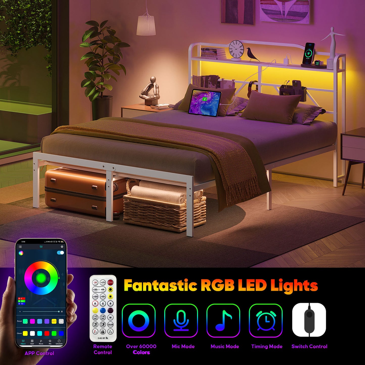 NISIEN Bed Frame with LED Storage Headboard & Charging Station, Metal Platform Bed, White