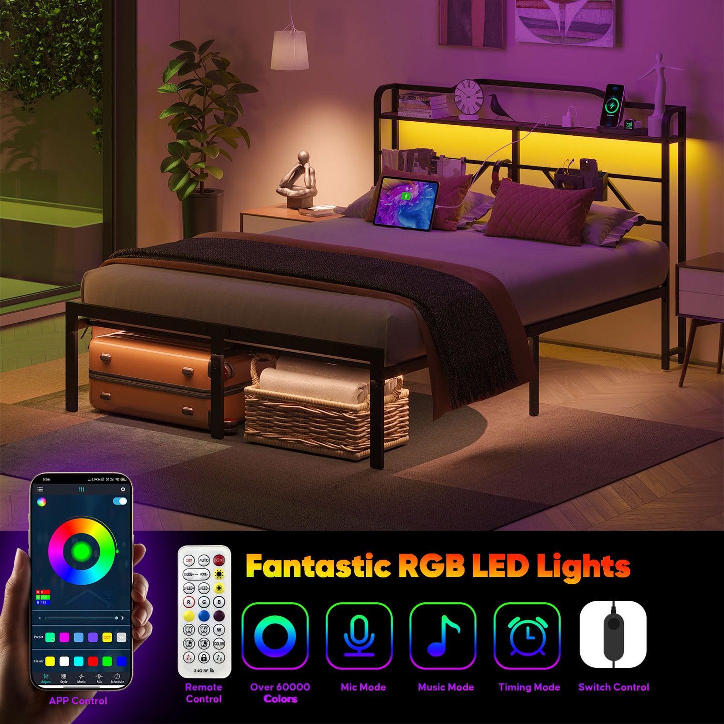 NISIEN Bed Frame with LED Storage Headboard & Charging Station, Metal Platform Bed, Black