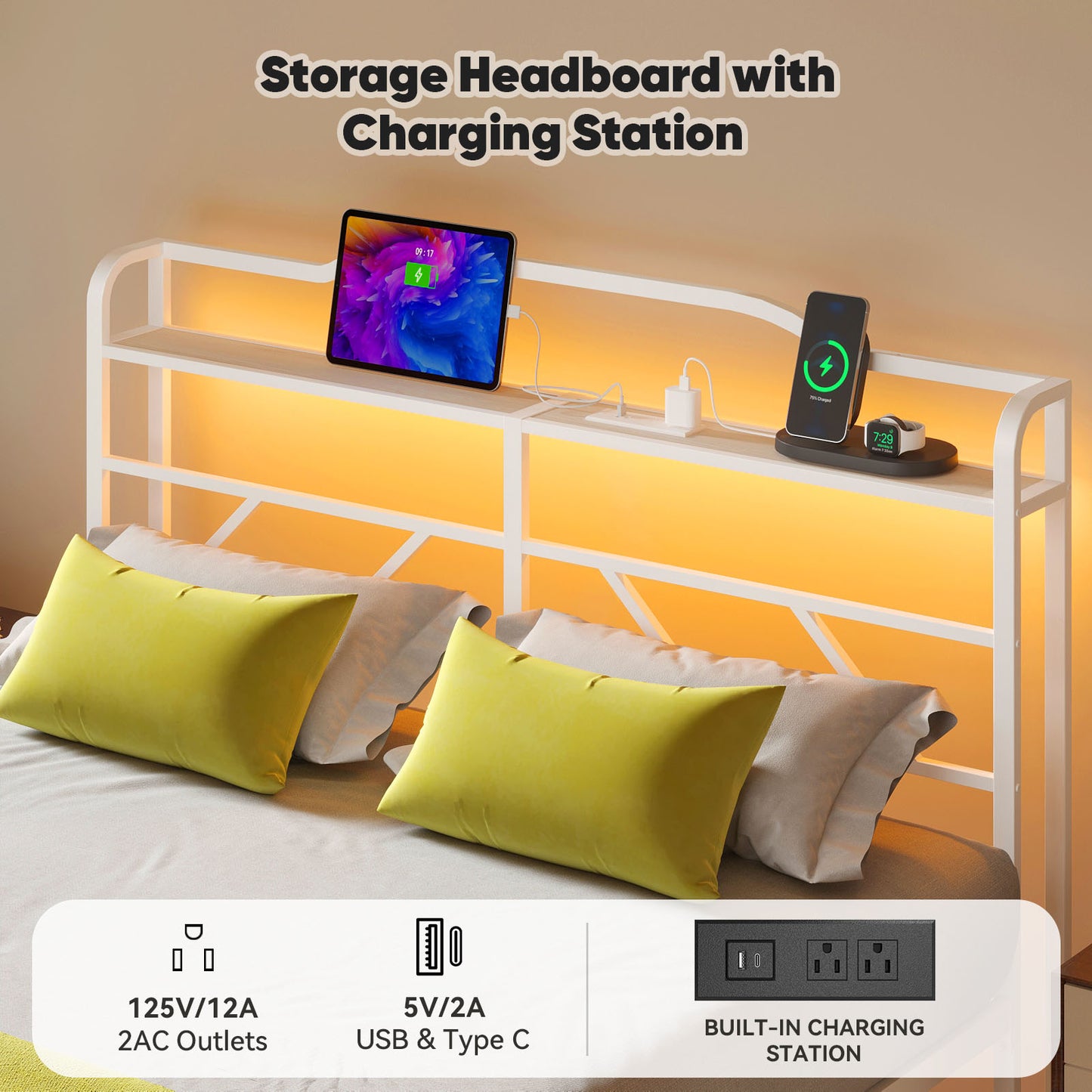 NISIEN Bed Frame with LED Storage Headboard & Charging Station, Metal Platform Bed, White
