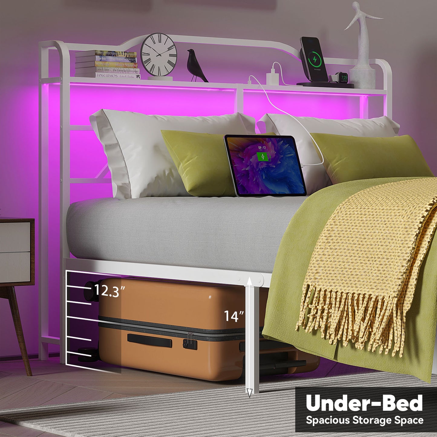 NISIEN Bed Frame with LED Storage Headboard & Charging Station, Metal Platform Bed, White