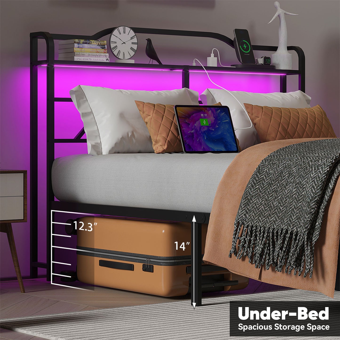 NISIEN Bed Frame with LED Storage Headboard & Charging Station, Metal Platform Bed, Black