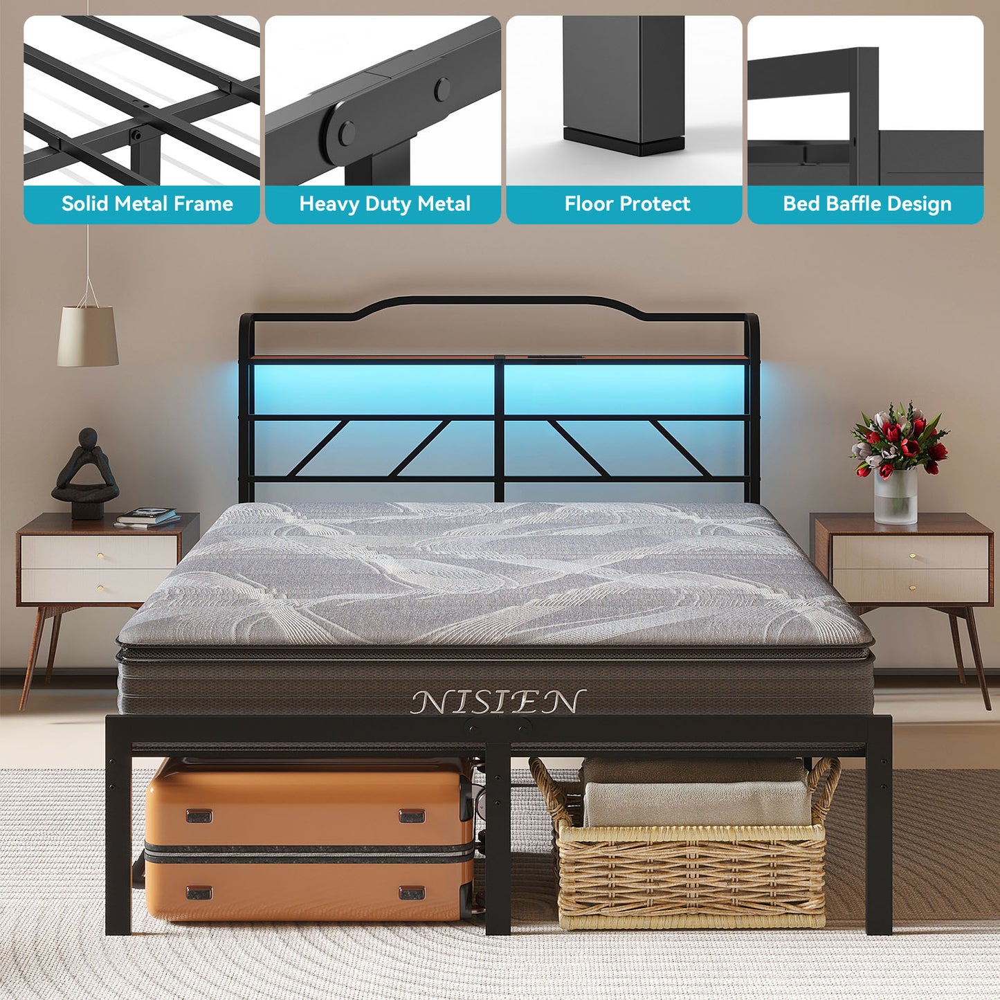 NISIEN Bed Frame with LED Storage Headboard & Charging Station, Metal Platform Bed, Black