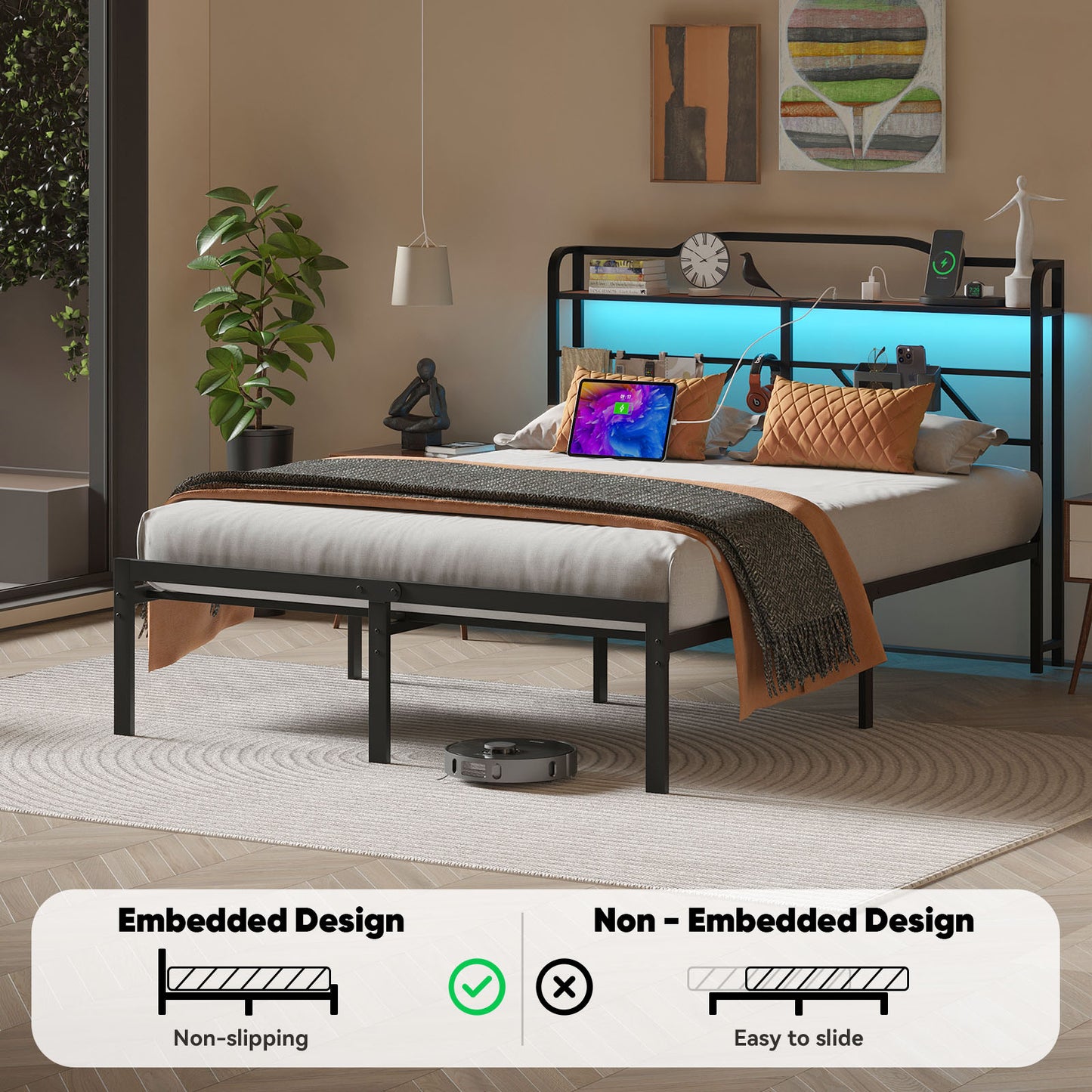 NISIEN Bed Frame with LED Storage Headboard & Charging Station, Metal Platform Bed, Black