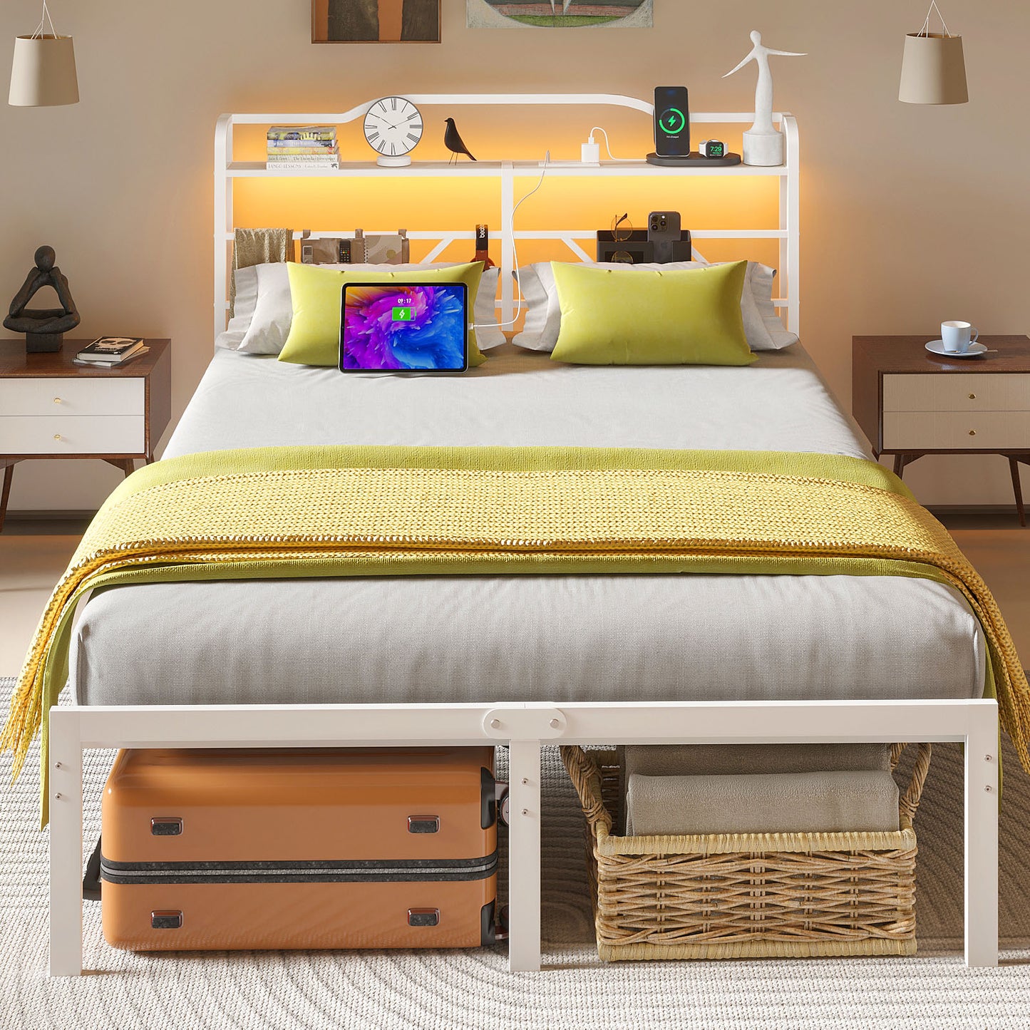 NISIEN Bed Frame with LED Storage Headboard & Charging Station, Metal Platform Bed, White