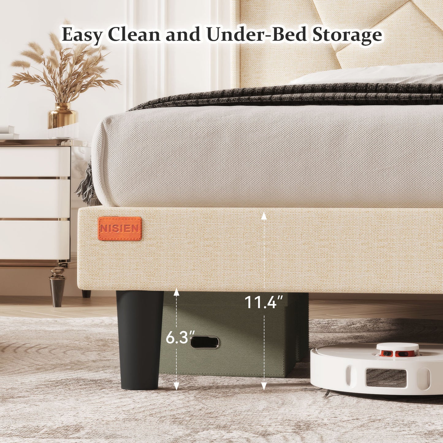 NISIEN Bed Frame with Charging Station, Upholstered Platform Bed Frame with Wingback Storage Headboard, No Box Spring Needed, Beige