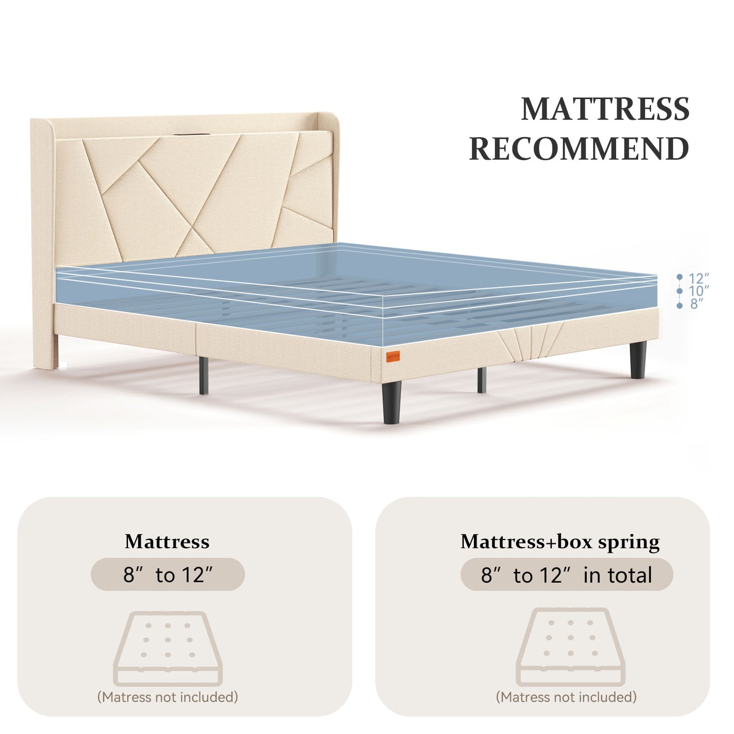 NISIEN Bed Frame with Charging Station, Upholstered Platform Bed Frame with Wingback Storage Headboard, No Box Spring Needed, Beige