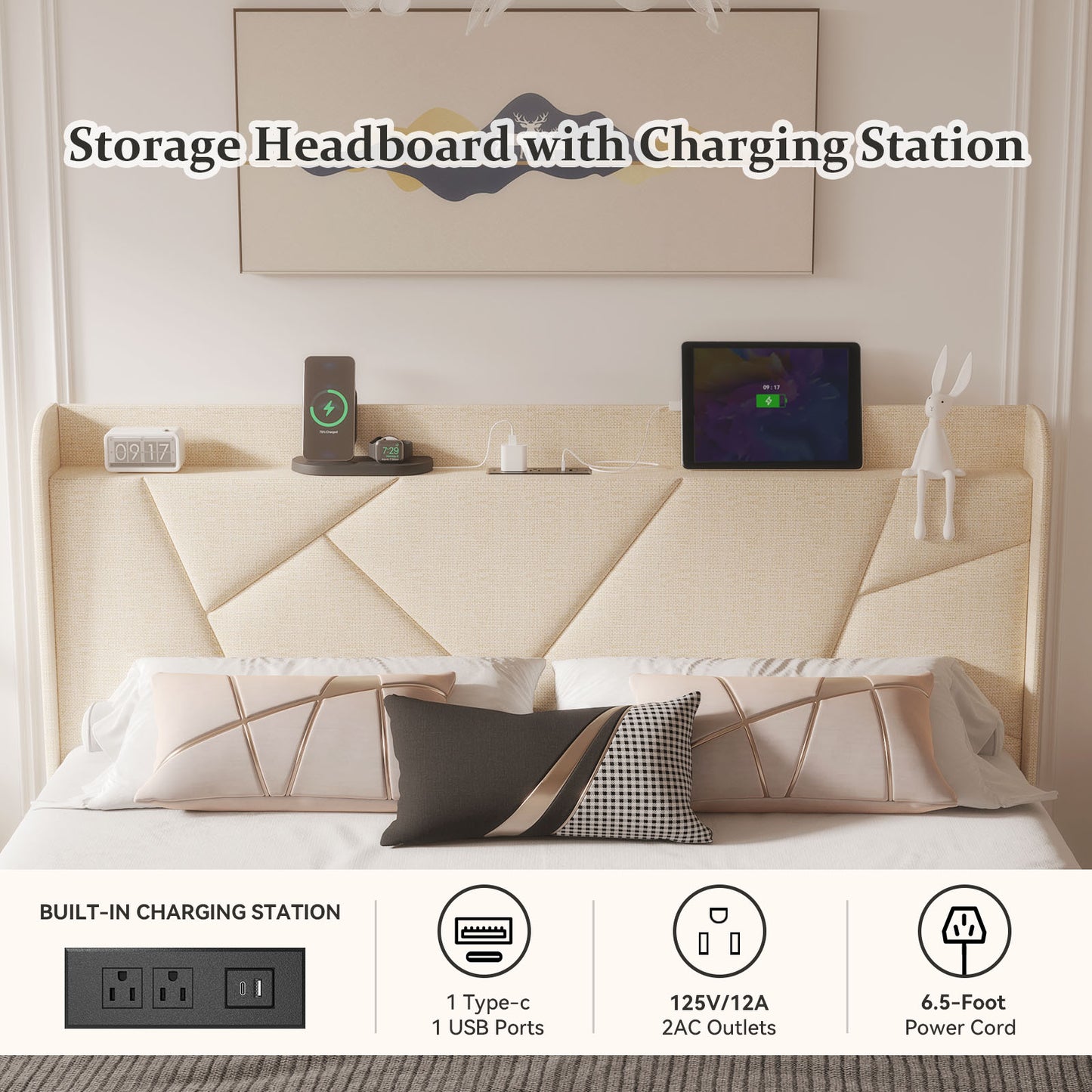 NISIEN Bed Frame with Charging Station, Upholstered Platform Bed Frame with Wingback Storage Headboard, No Box Spring Needed, Beige