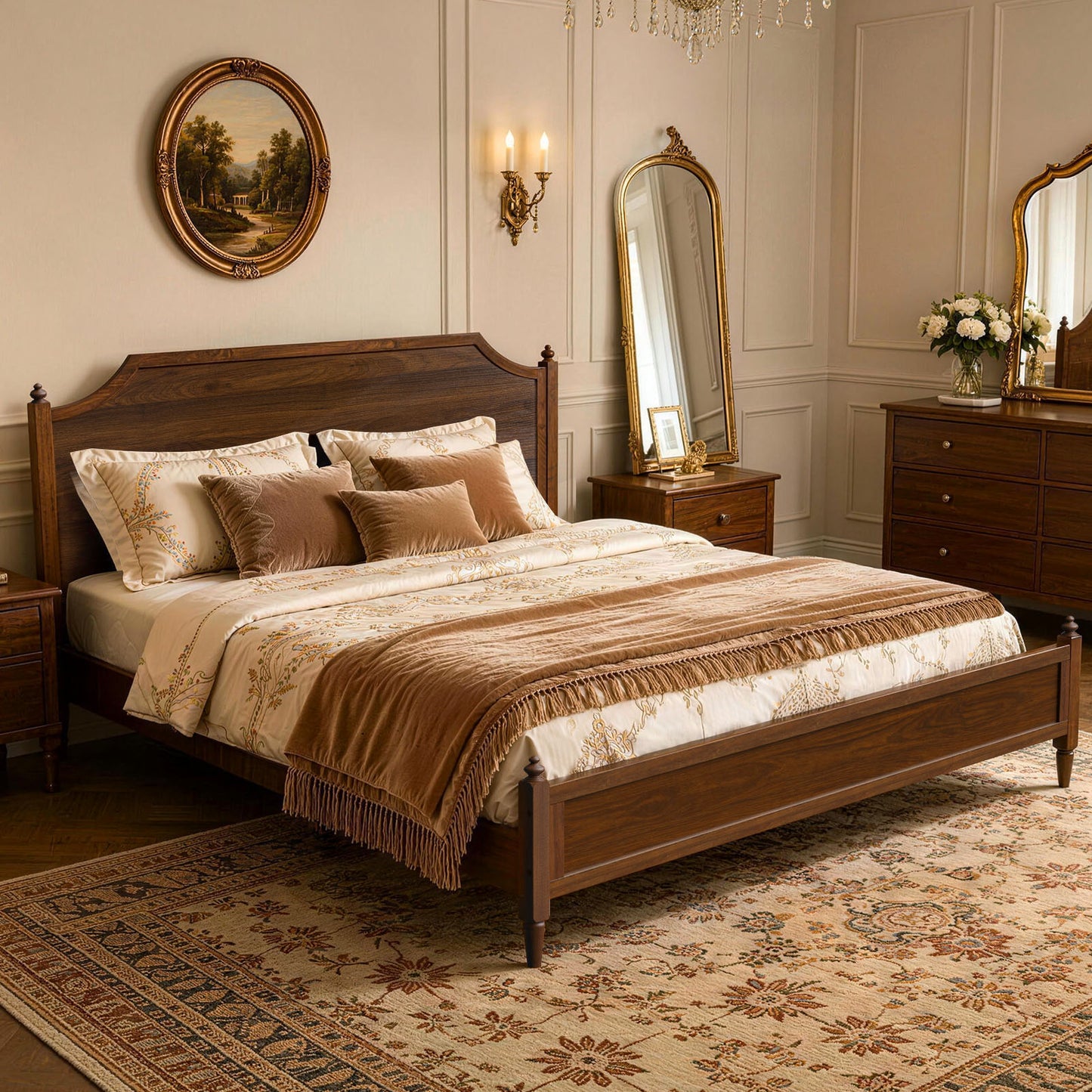 NISIEN Bed Frame, Wooden Platform Bed with Headboard and Footboard, No Box Spring Needed, Walnut