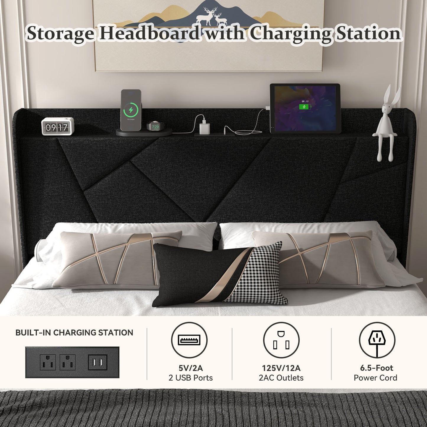 NISIEN Bed Frame with Charging Station, Upholstered Platform Bed with Wingback Storage Headboard, Black