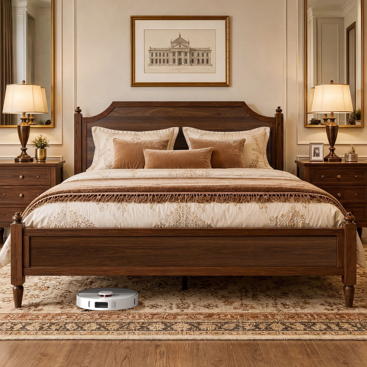 NISIEN Bed Frame, Wooden Platform Bed with Headboard and Footboard, No Box Spring Needed, Walnut
