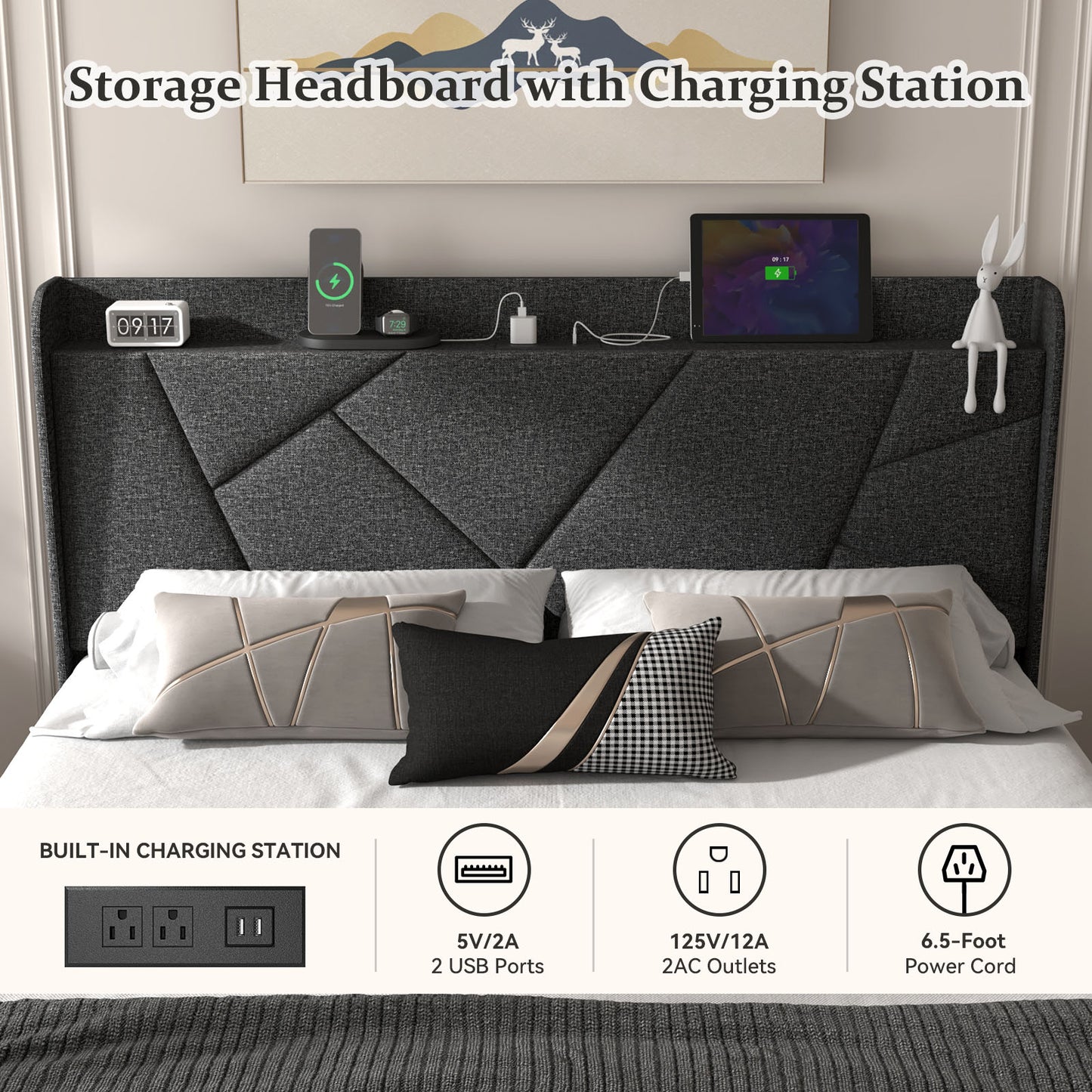 NISIEN Bed Frame with Charging Station, Upholstered Platform Bed Frame with Wingback Storage Headboard, No Box Spring Needed, Noise-Free Dark Grey