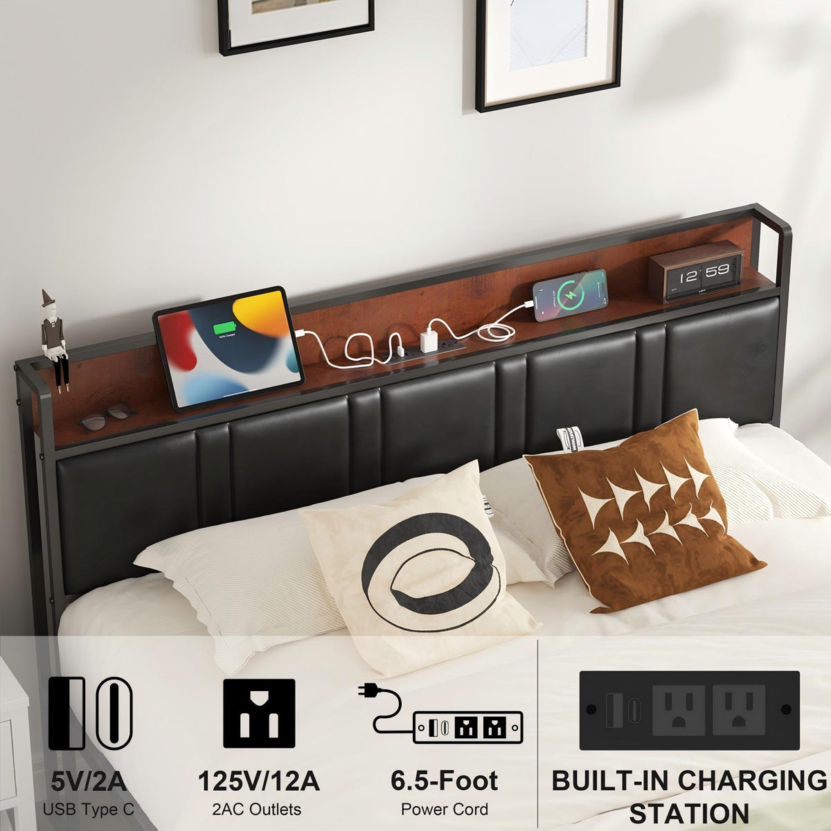 NISIEN Bed Frame, Platform Bed Full with Charging Station and Storage, PU Leather Upholstered Headboard, Black