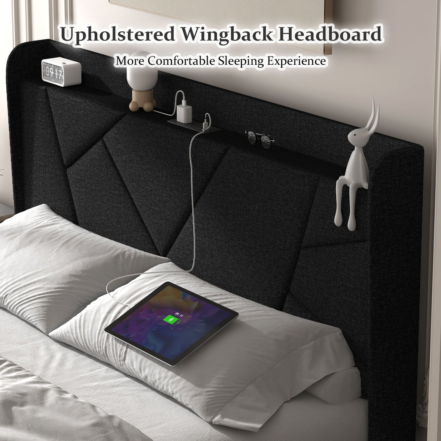 NISIEN Bed Frame with Charging Station, Upholstered Platform Bed with Wingback Storage Headboard, Black