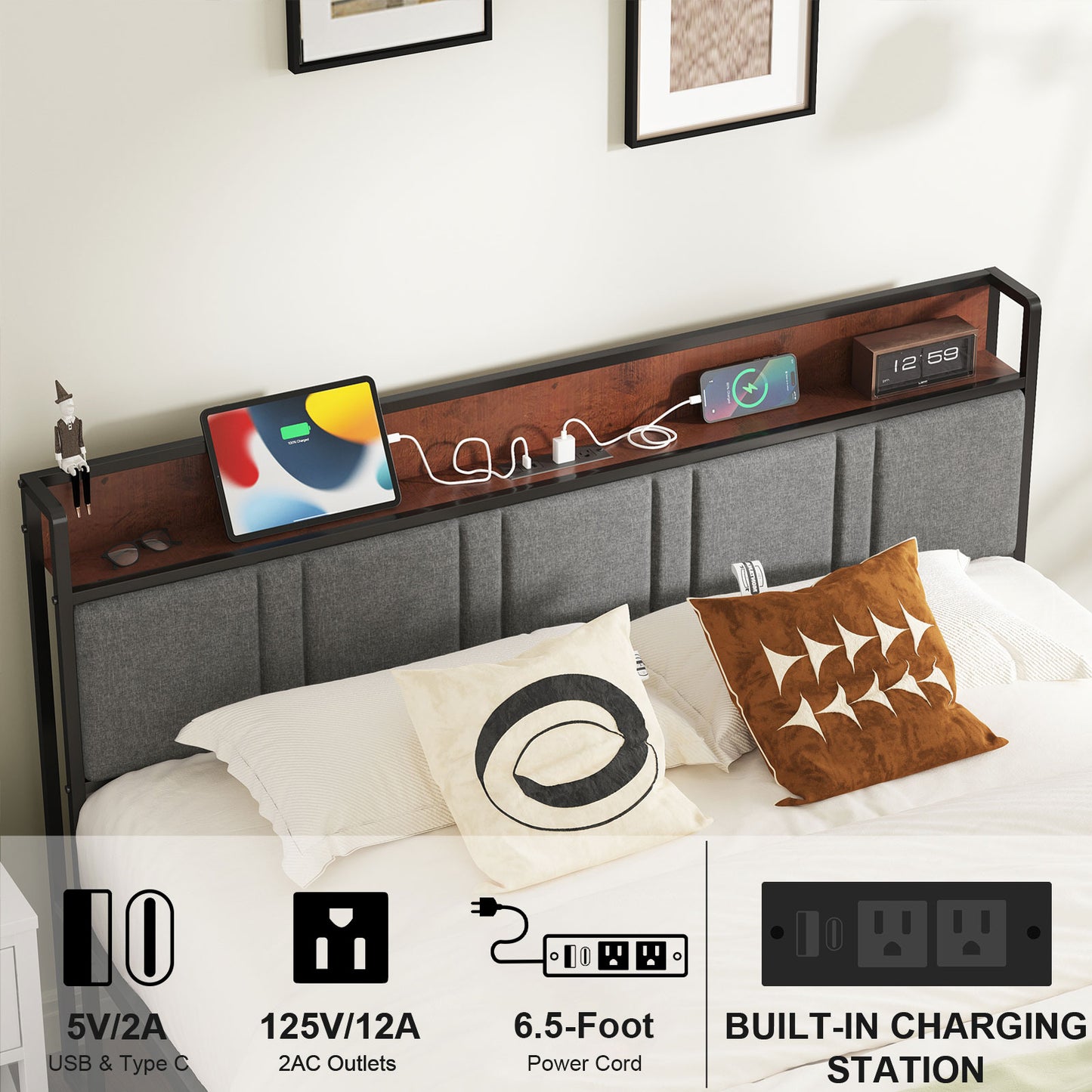 NISIEN Queen Bed Frame with 2 Storage Drawers , Platform Bed Frame Queen Size with Storage Headboard and Charging Station, No Box Spring Needed, Grey