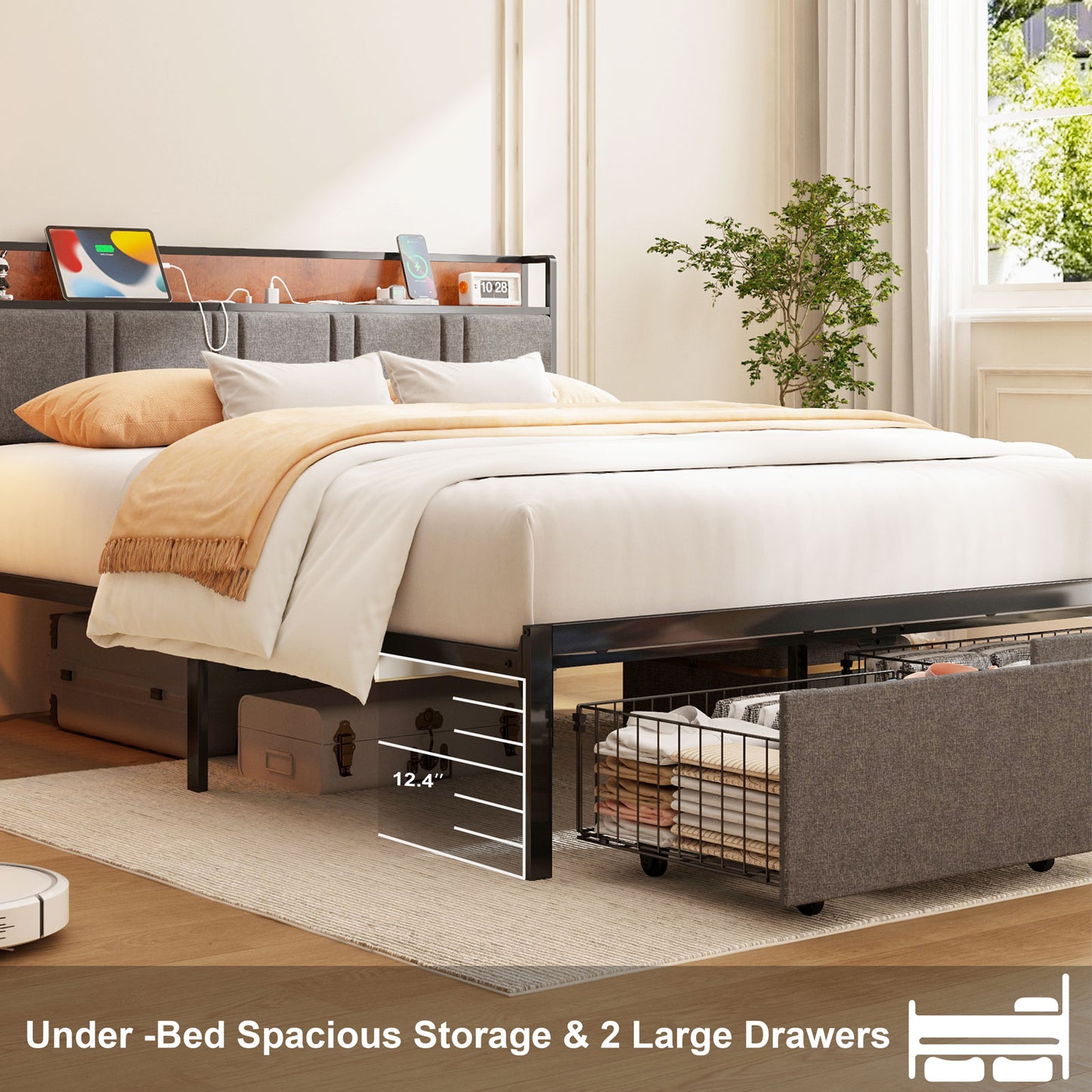 NISIEN Queen Bed Frame with 2 Storage Drawers , Platform Bed Frame Queen Size with Storage Headboard and Charging Station, No Box Spring Needed, Grey