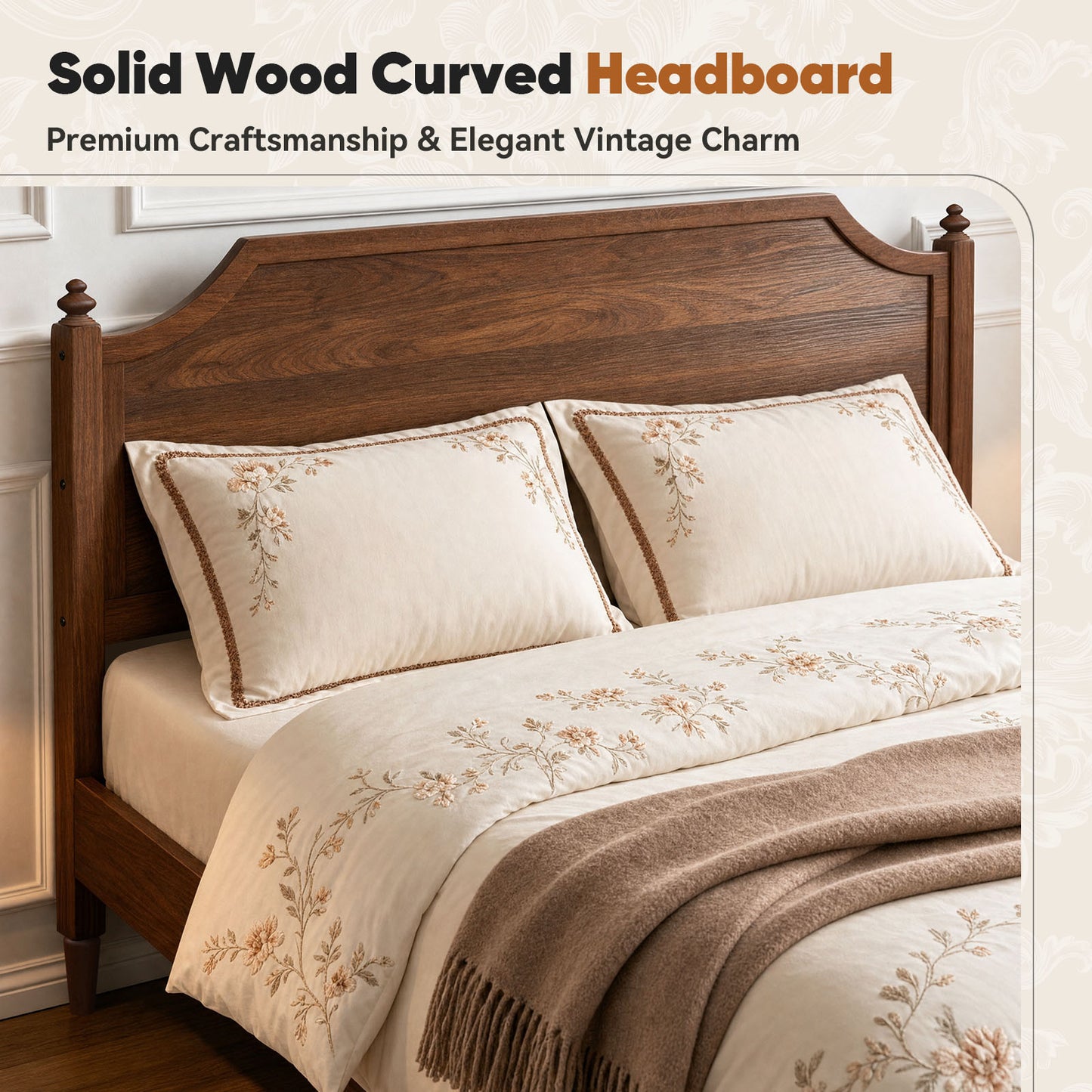 NISIEN Bed Frame, Wooden Platform Bed with Headboard and Footboard, No Box Spring Needed, Walnut