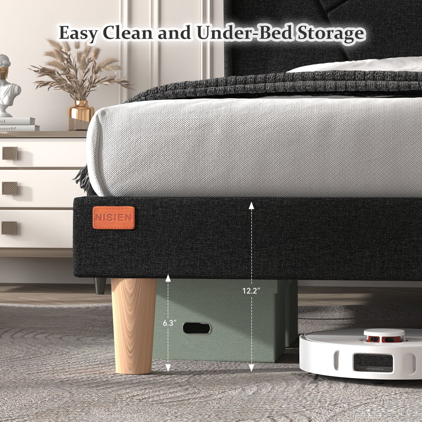 NISIEN Bed Frame with Charging Station, Upholstered Platform Bed with Wingback Storage Headboard, Black