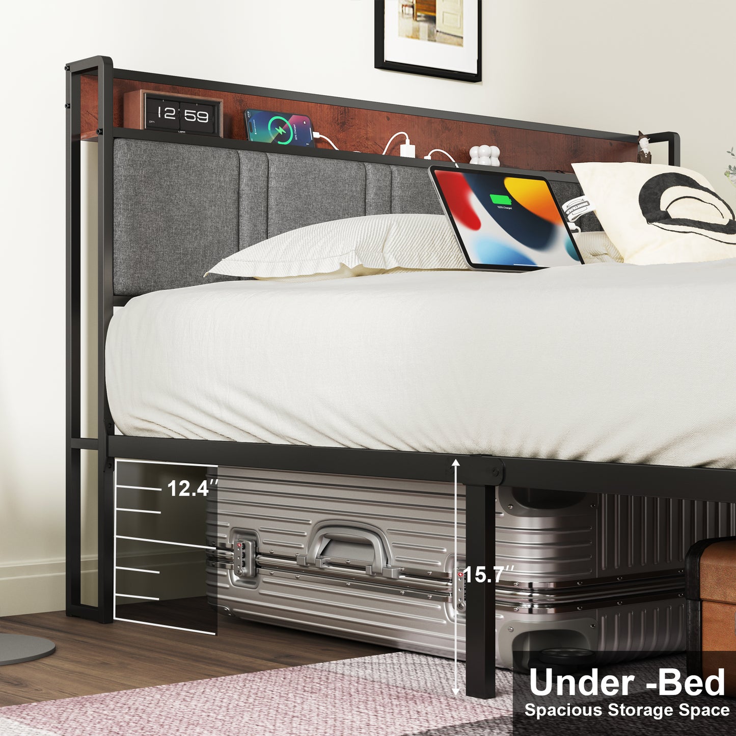 NISIEN Queen Bed Frame, Platform Bed Frame with Storage Headboard and Charging Station, No Box Spring Needed, Grey