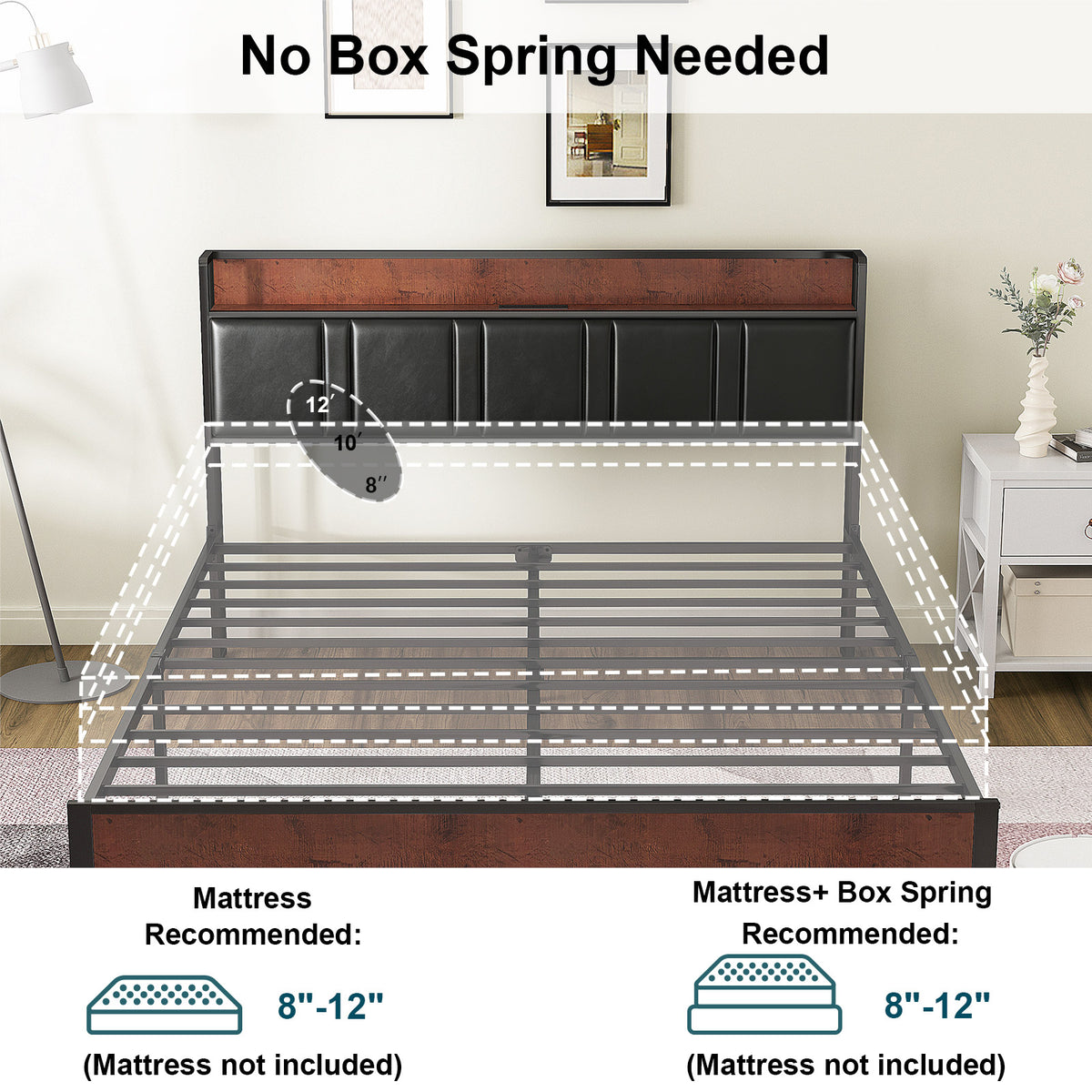 NISIEN Bed Frame, Platform Bed Full with Charging Station and Storage, PU Leather Upholstered Headboard, Black