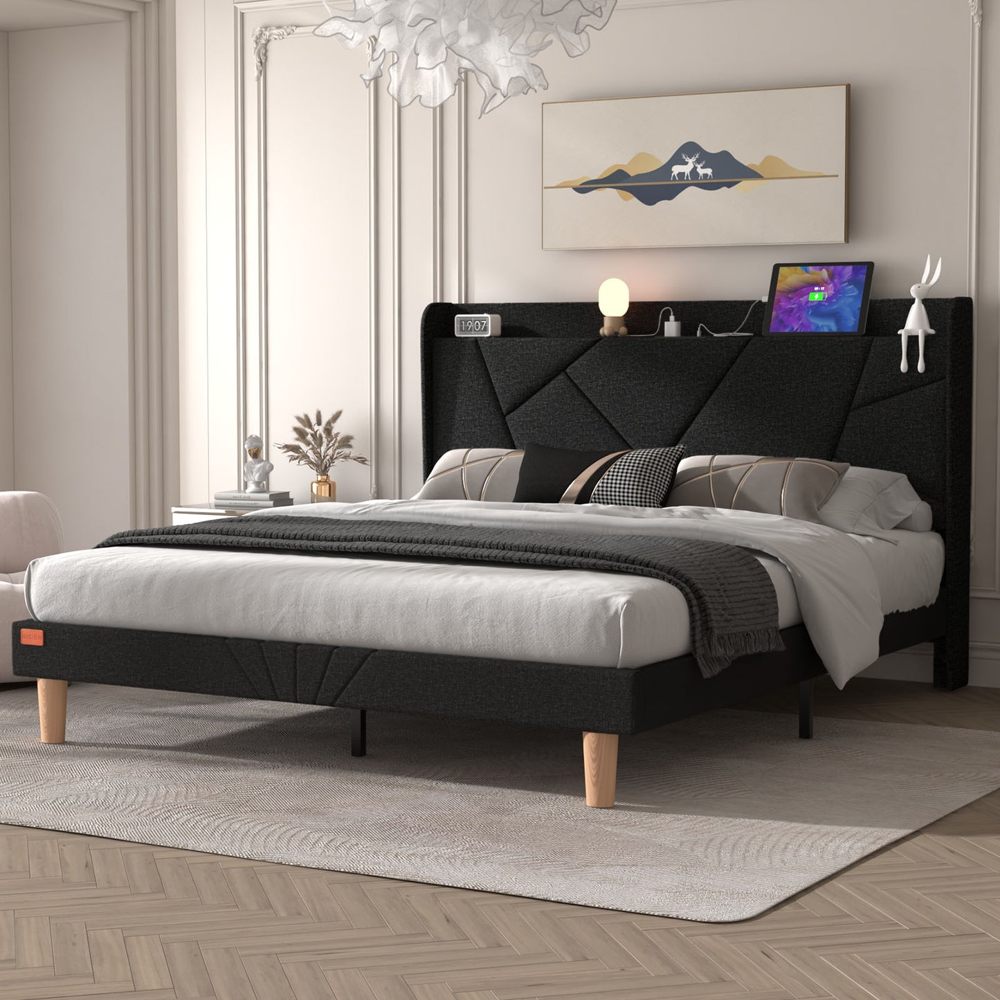 NISIEN Bed Frame with Charging Station, Upholstered Platform Bed with Wingback Storage Headboard, Black