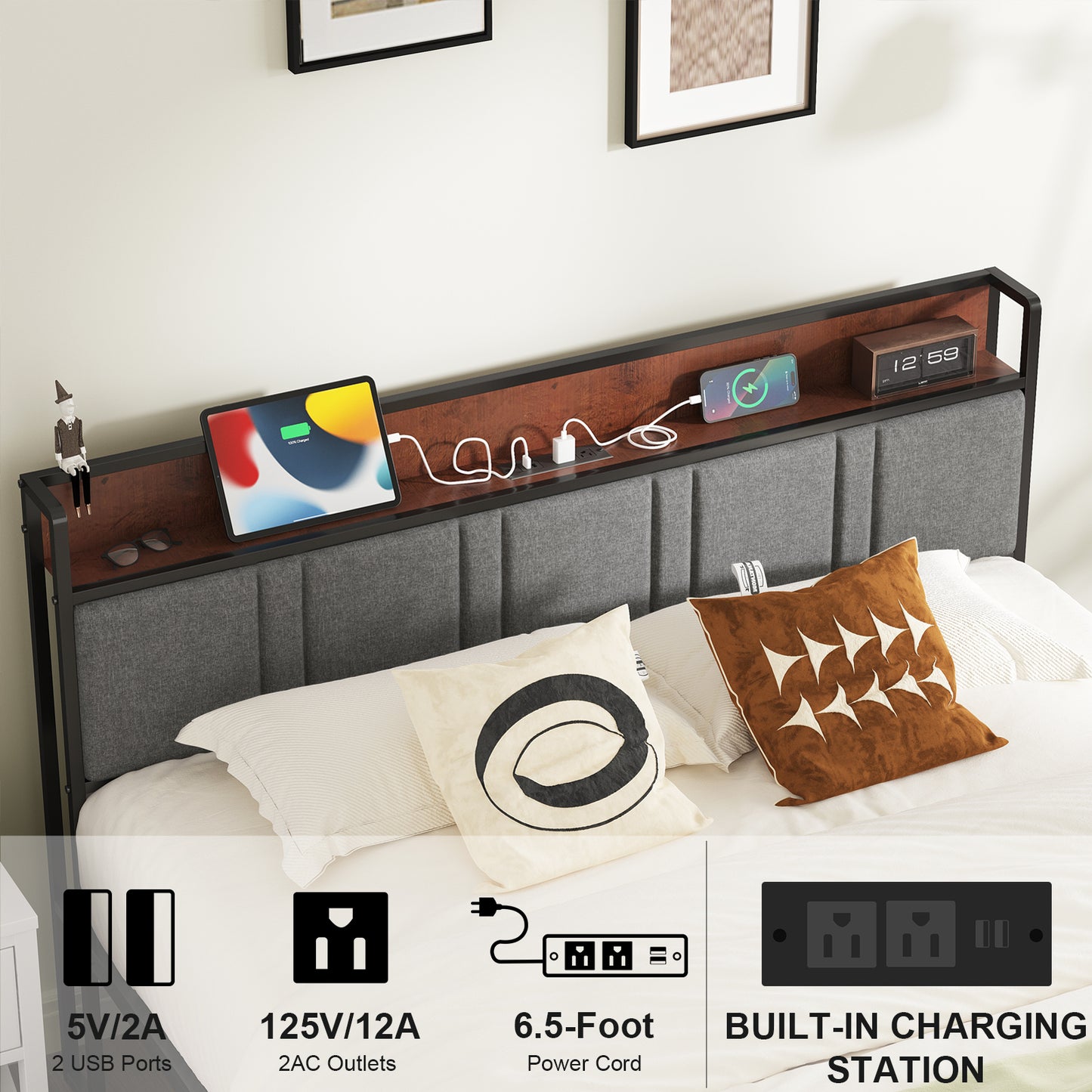 NISIEN Queen Bed Frame, Platform Bed Frame with Storage Headboard and Charging Station, No Box Spring Needed, Grey