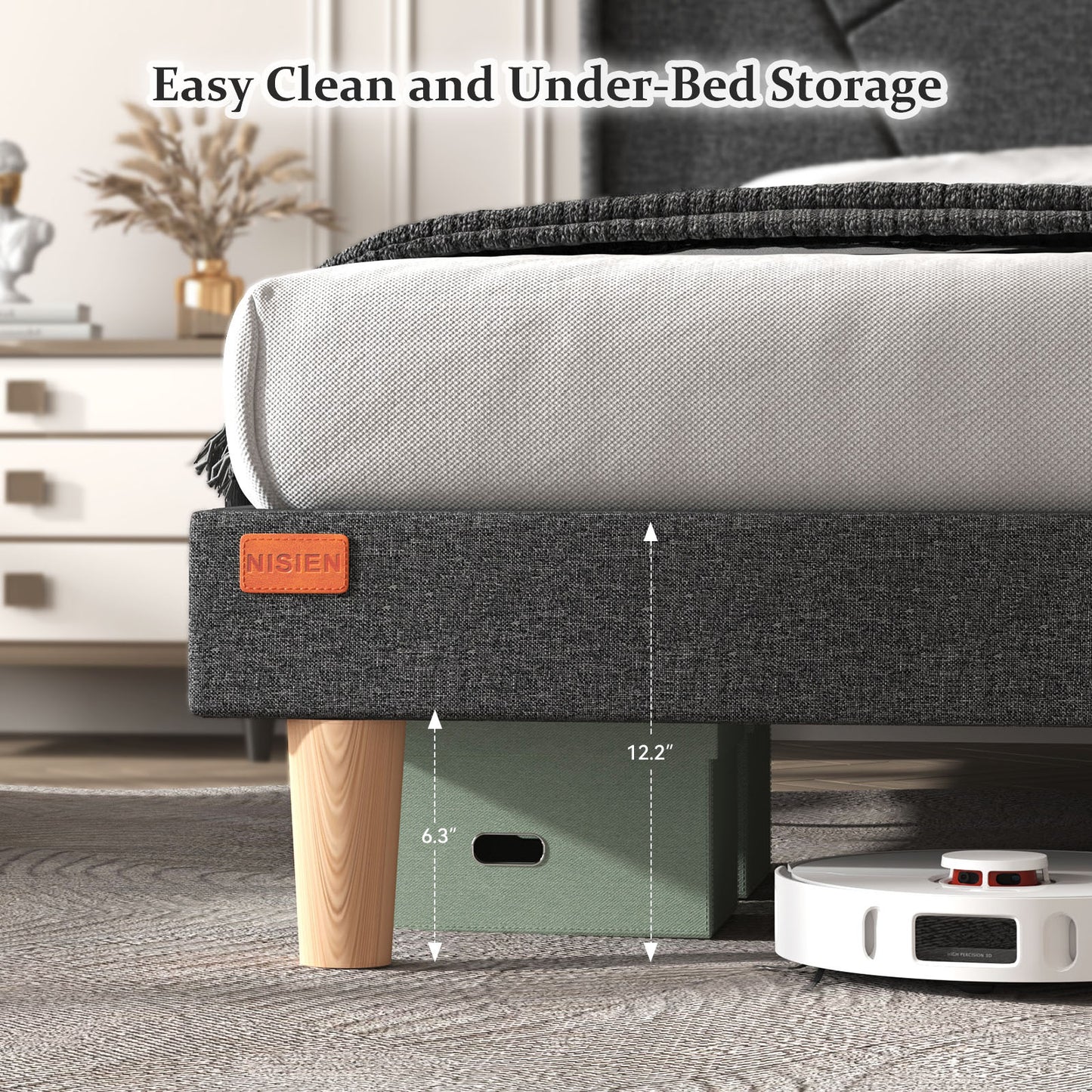 NISIEN Bed Frame with Charging Station, Upholstered Platform Bed Frame with Wingback Storage Headboard, No Box Spring Needed, Noise-Free Dark Grey