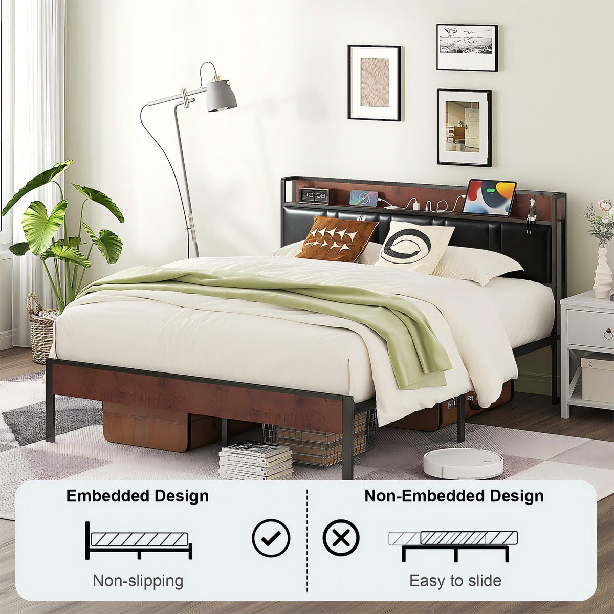 NISIEN Bed Frame, Platform Bed Full with Charging Station and Storage, PU Leather Upholstered Headboard, Black
