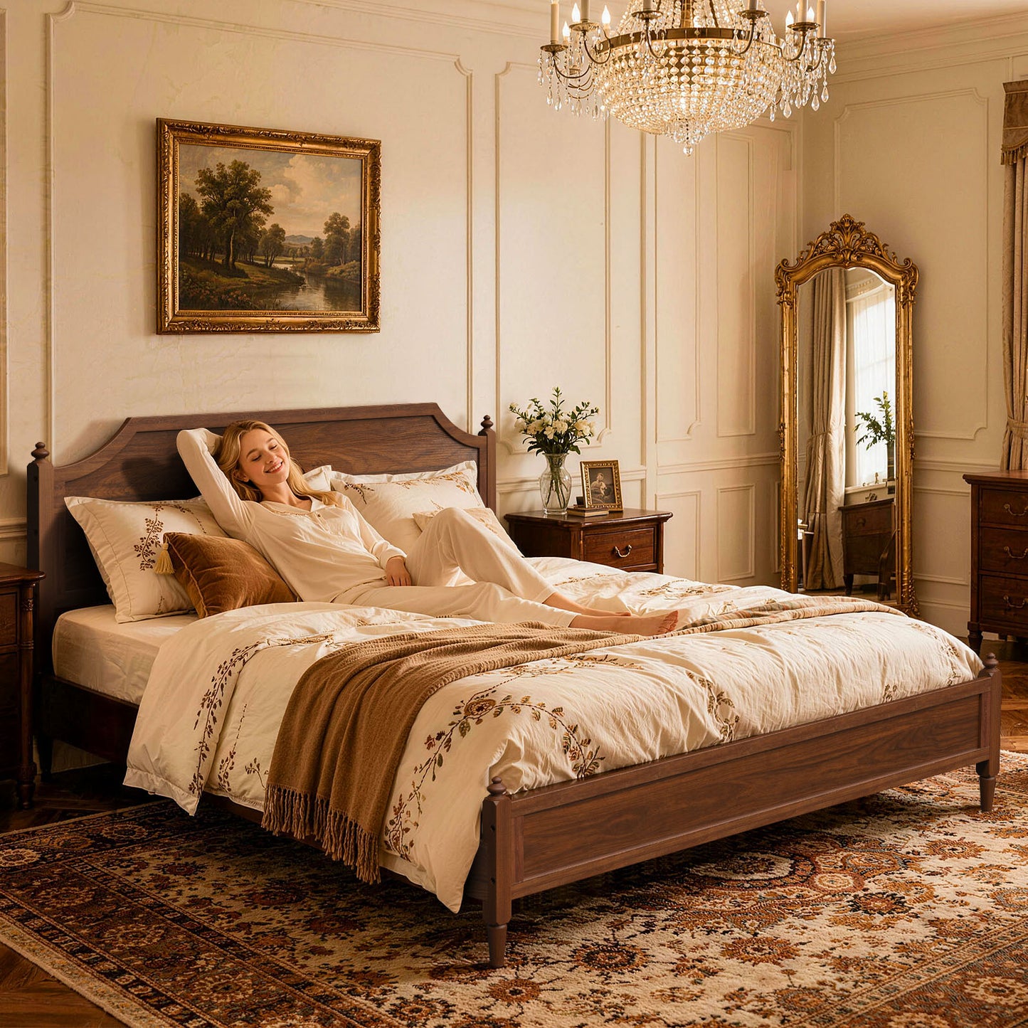 NISIEN Bed Frame, Wooden Platform Bed with Headboard and Footboard, No Box Spring Needed, Walnut