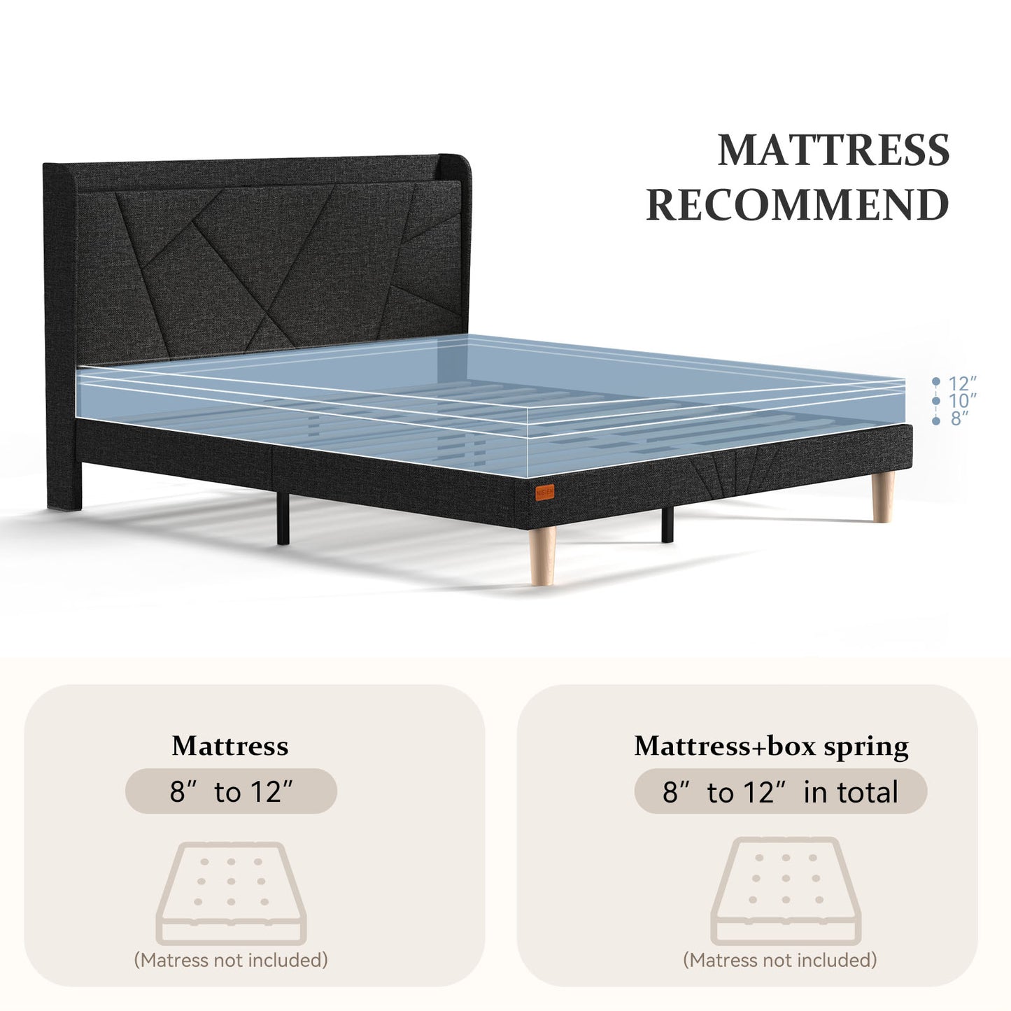NISIEN Bed Frame with Charging Station, Upholstered Platform Bed with Wingback Storage Headboard, Black
