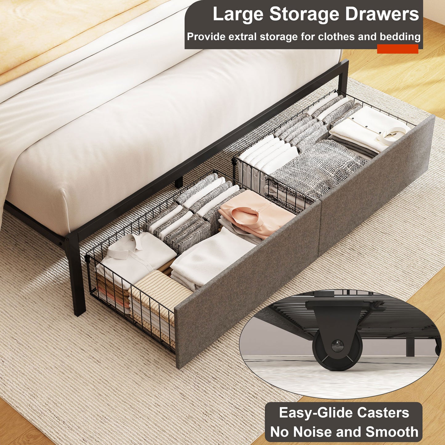 NISIEN Queen Bed Frame with 2 Storage Drawers , Platform Bed Frame Queen Size with Storage Headboard and Charging Station, No Box Spring Needed, Grey